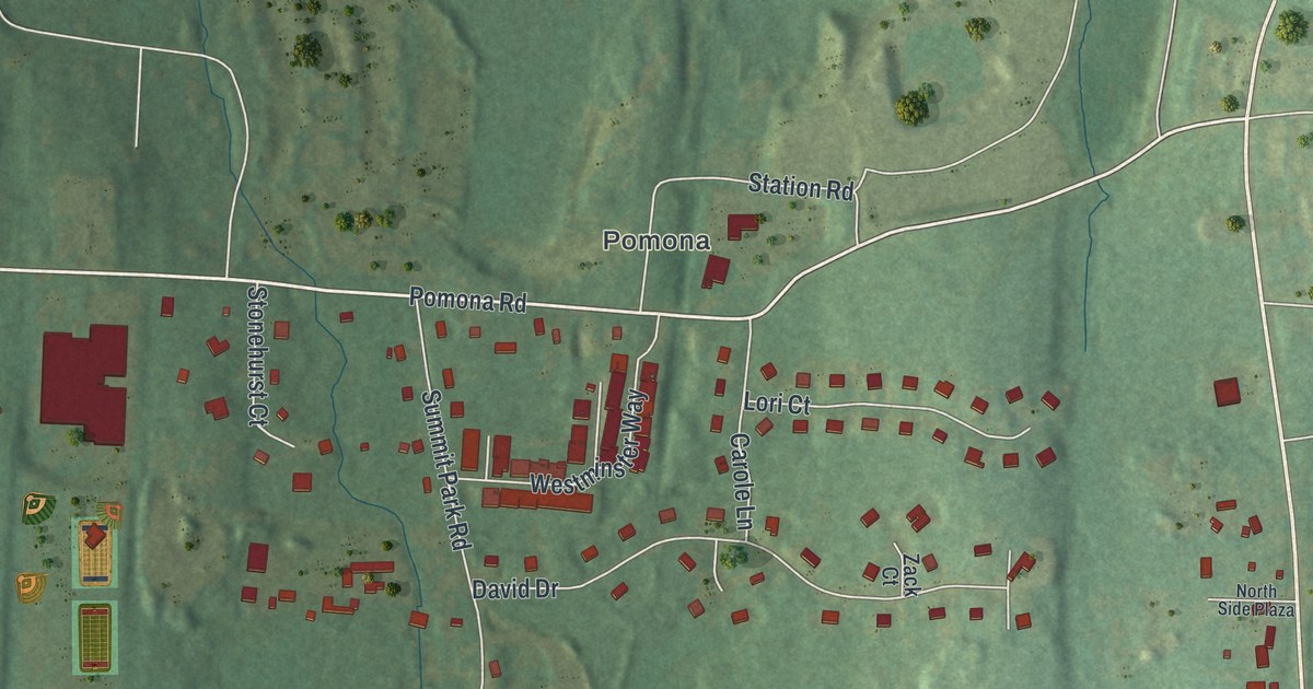 Close-up of streets and buildings in New Hempstead, New York