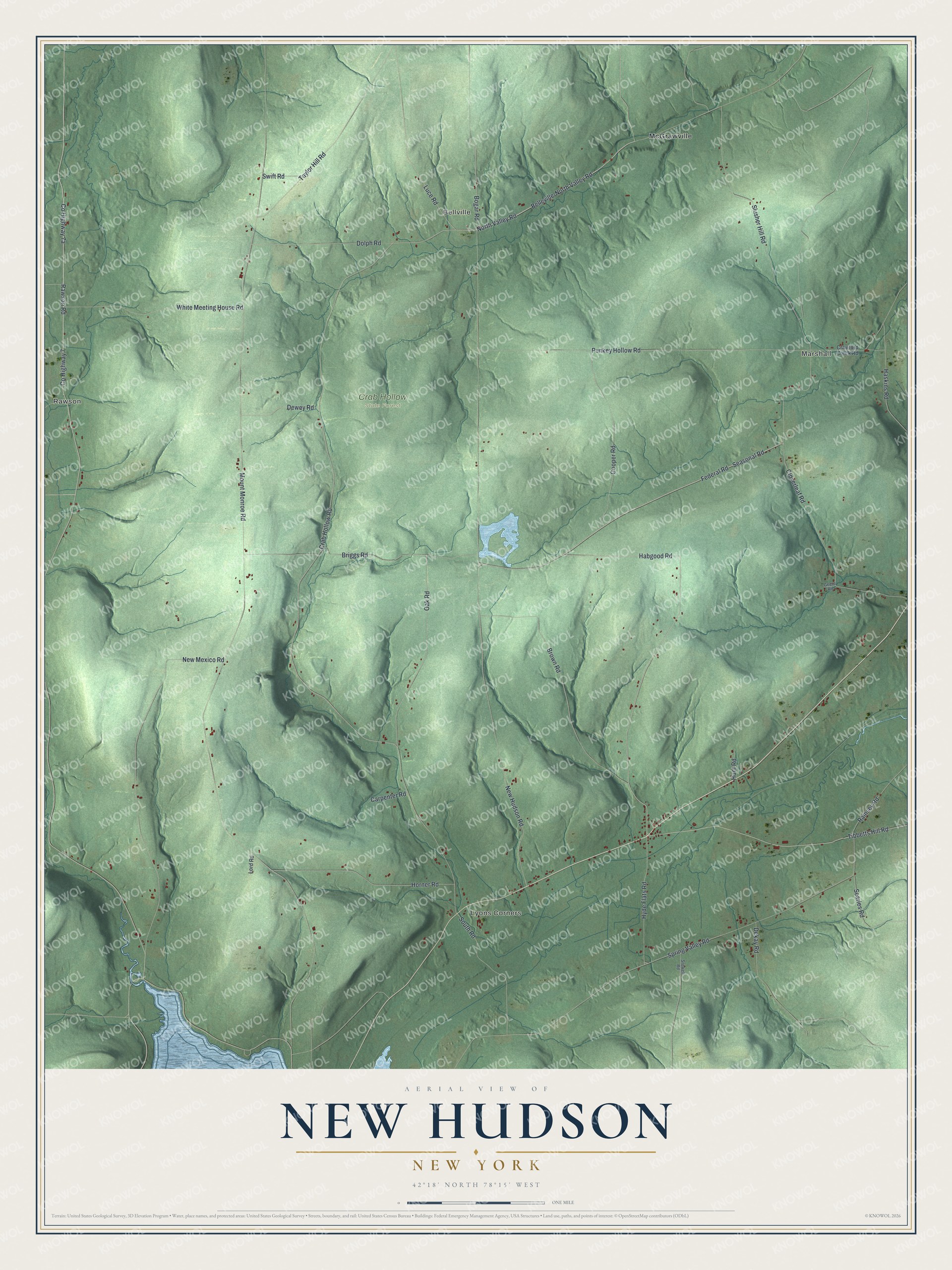 Detailed map of New Hudson, New York, showing streets, buildings, neighborhoods, and parks