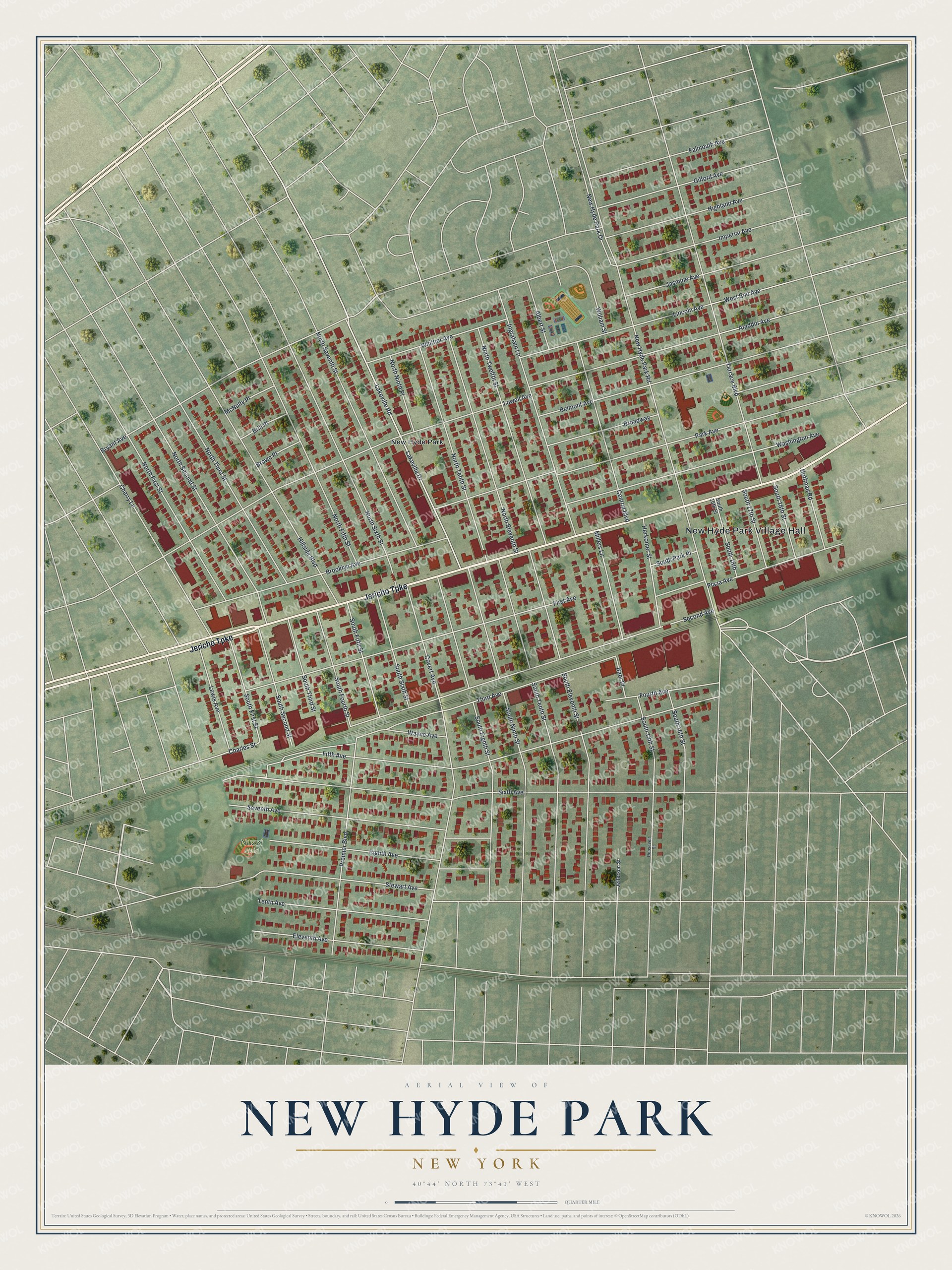 Detailed map of New Hyde Park, New York, showing streets and buildings