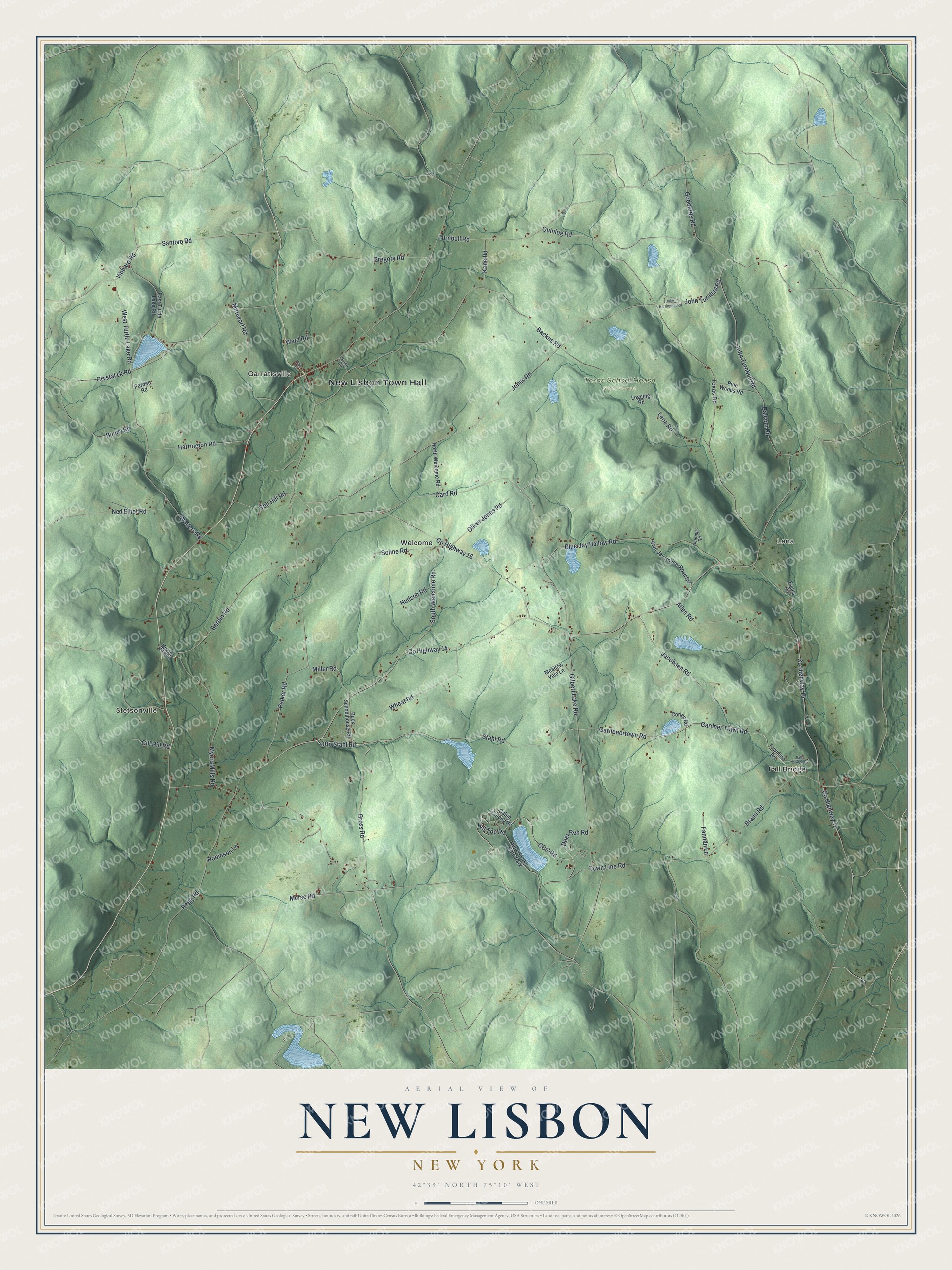 Detailed map of New Lisbon, New York, showing streets, buildings, neighborhoods, and parks