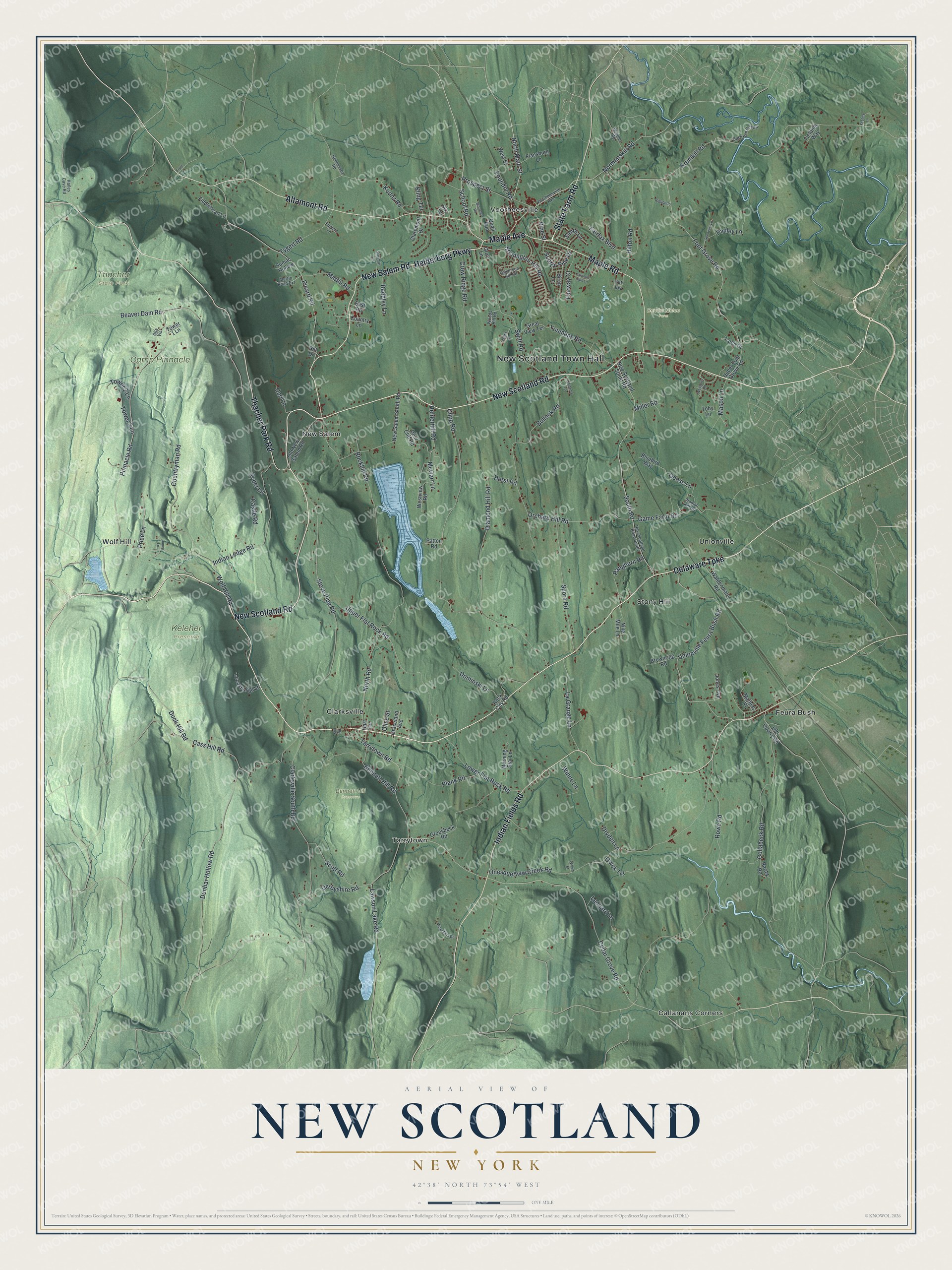Detailed map of New Scotland, New York, showing streets, buildings, neighborhoods, and parks