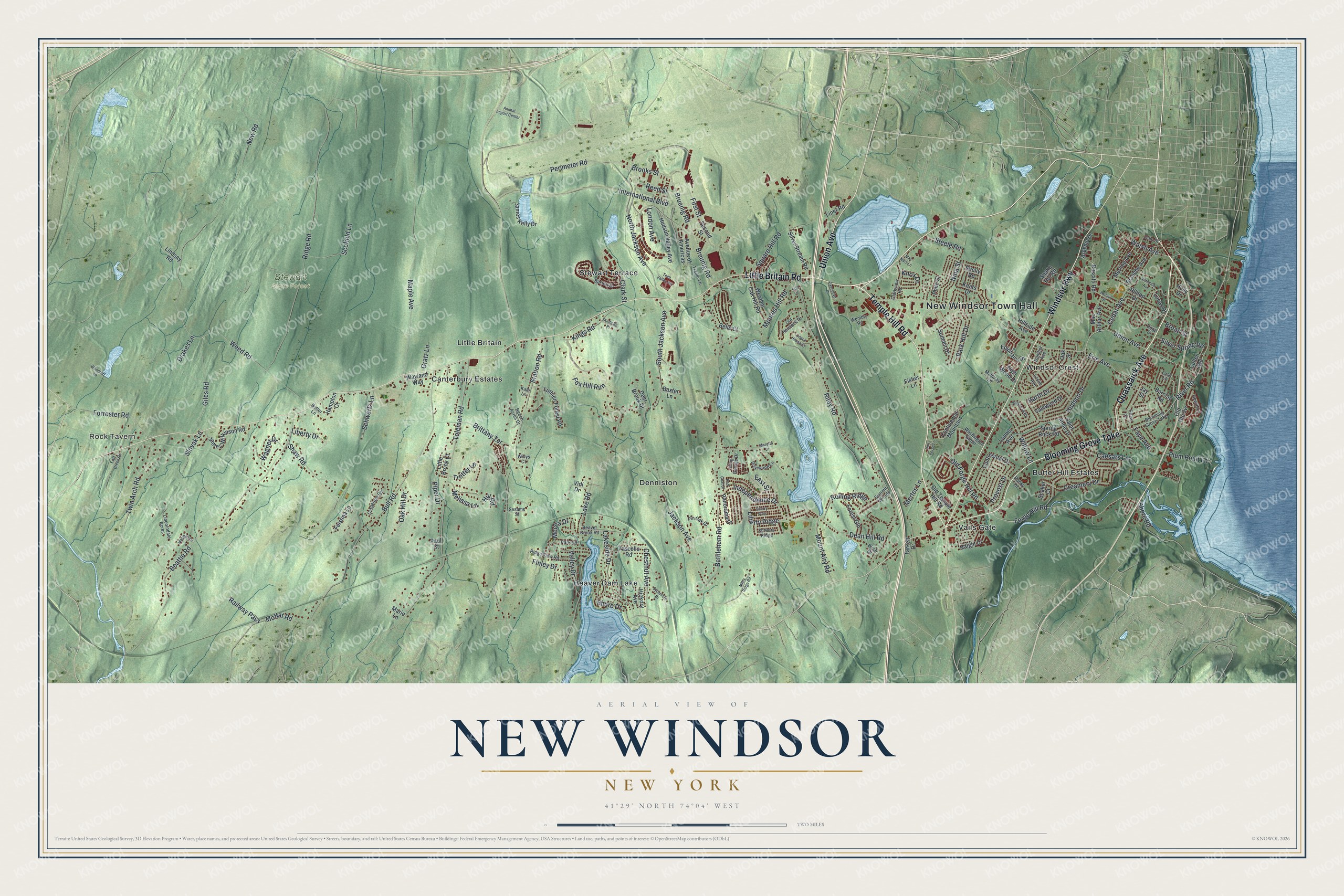 Detailed map of New Windsor, New York, showing streets, buildings, neighborhoods, and parks