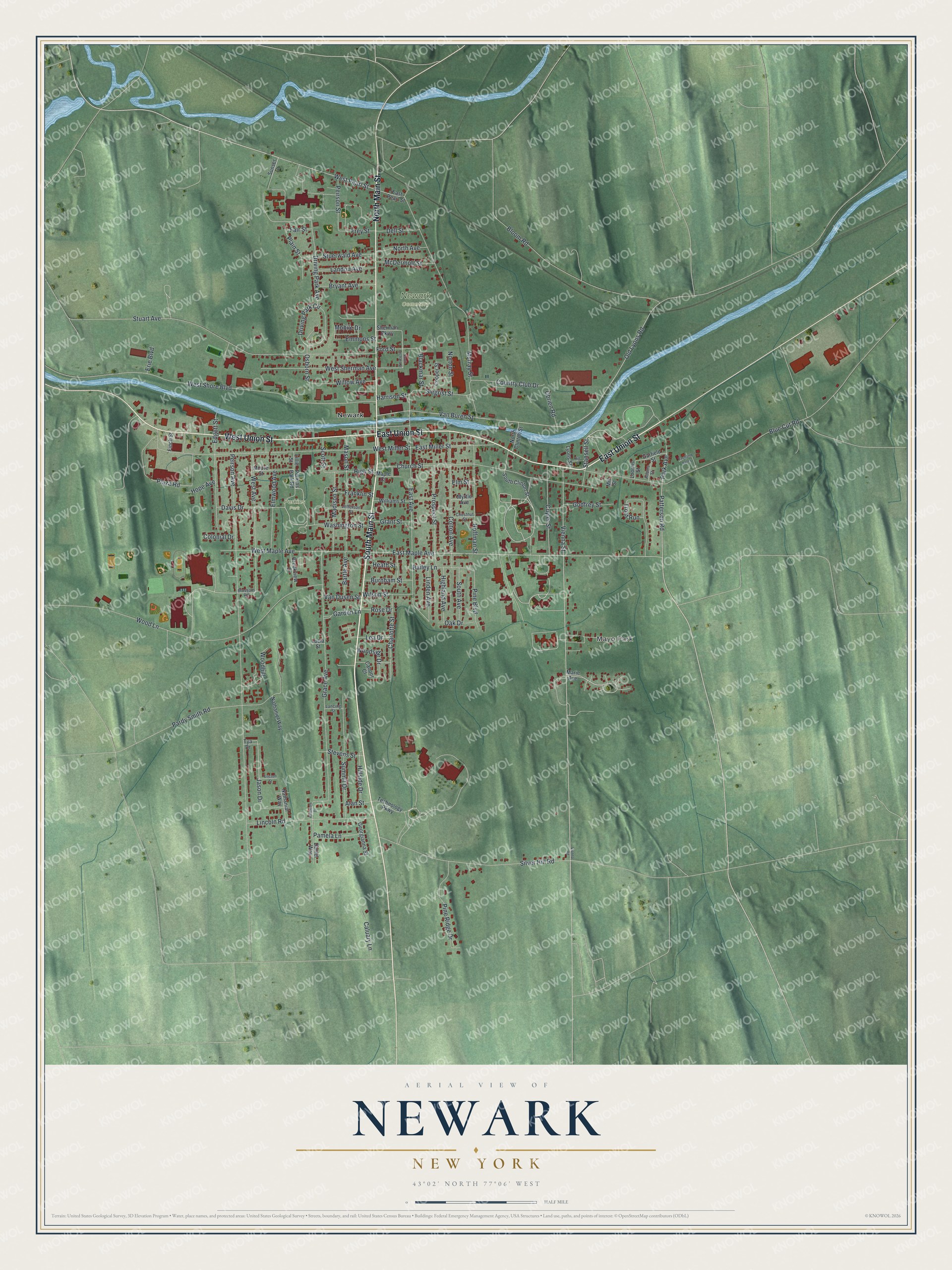 Detailed map of Newark, New York, showing streets, buildings, and parks