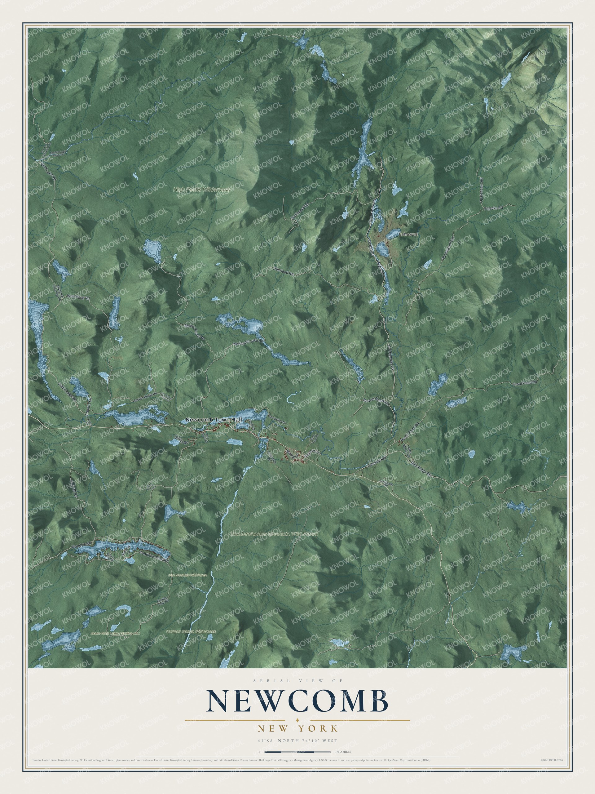 Detailed map of Newcomb, New York, showing streets, buildings, and parks
