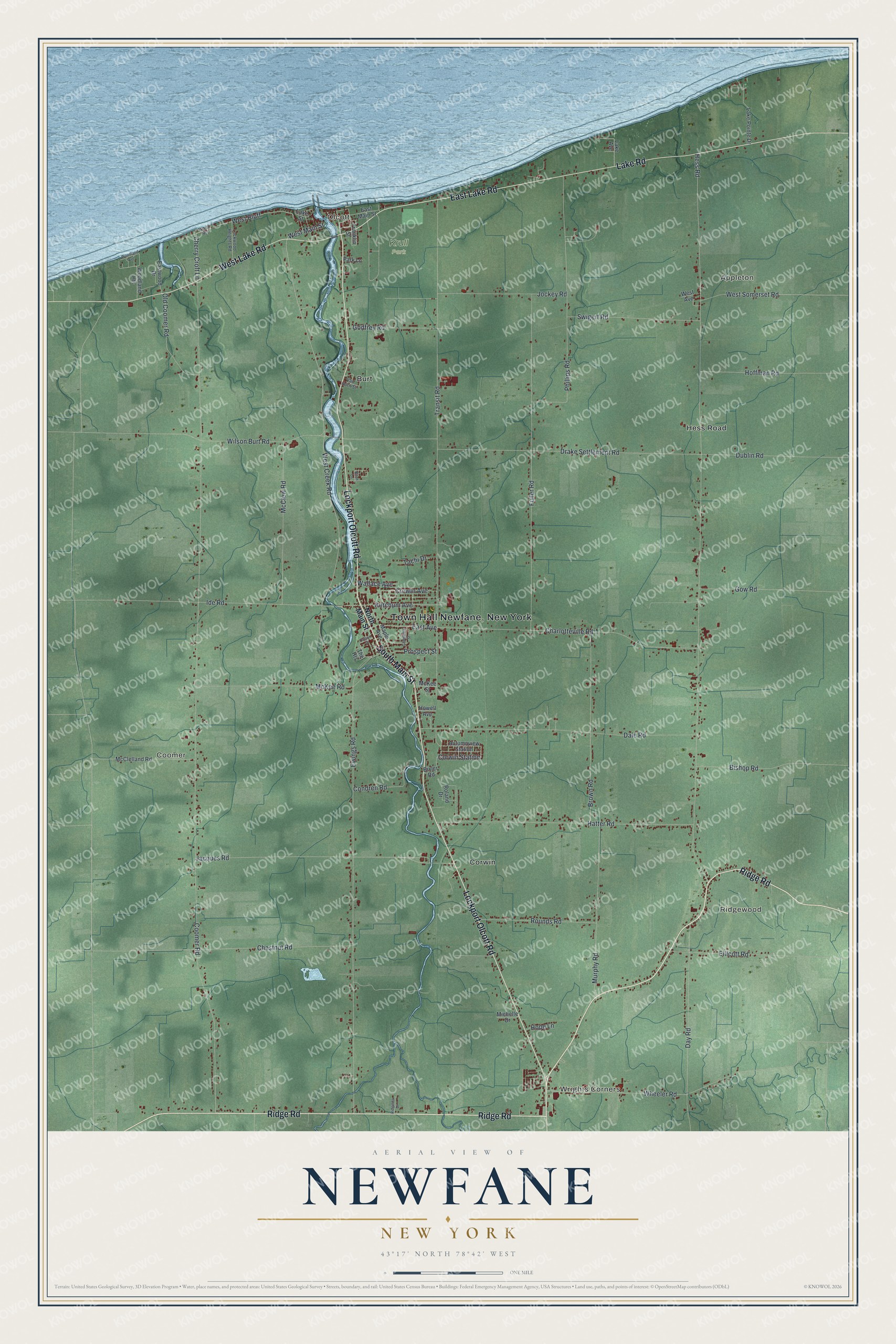 Detailed map of Newfane, New York, showing streets, buildings, neighborhoods, and parks