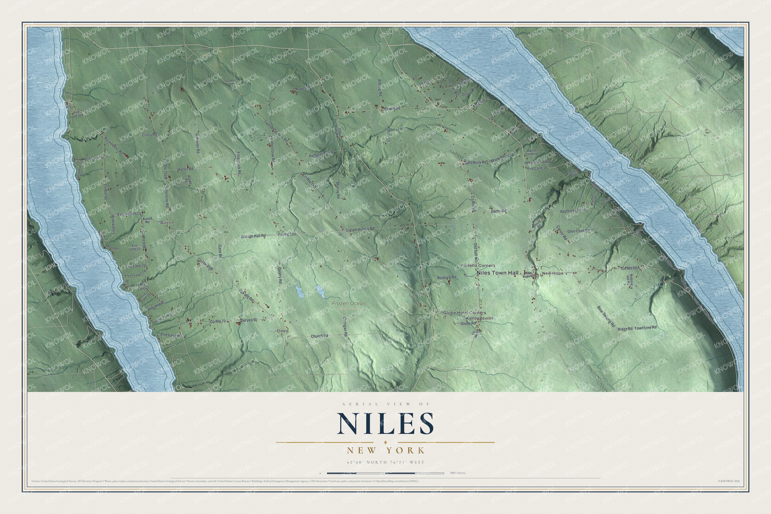 Detailed map of Niles, New York, showing streets, buildings, neighborhoods, and parks