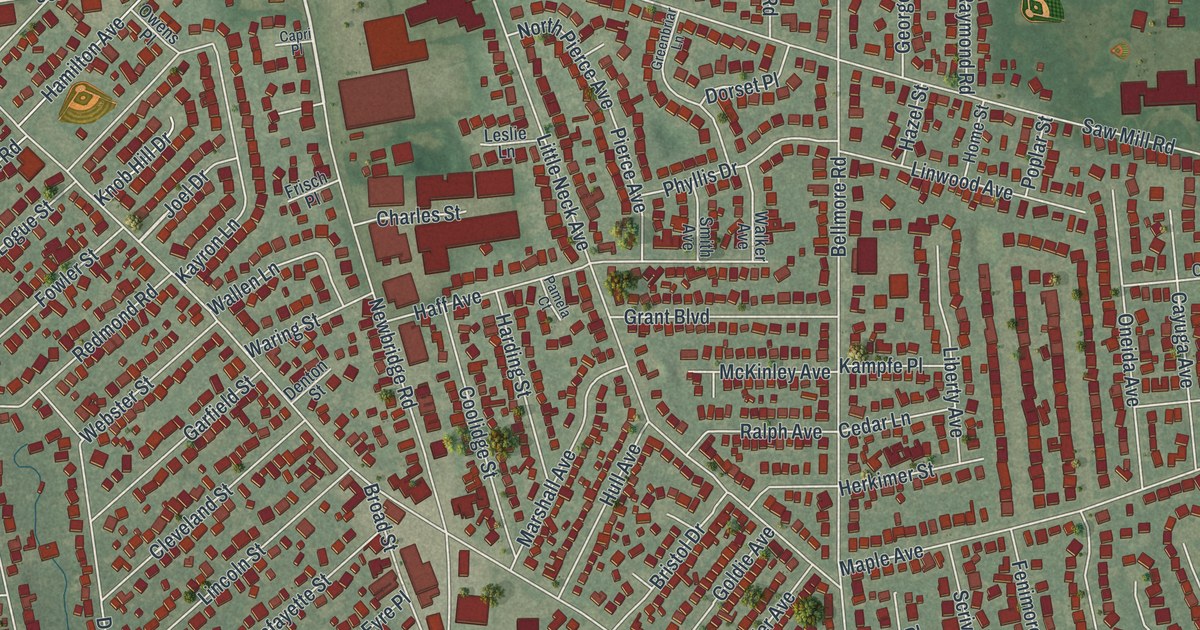 Close-up of streets and buildings in North Bellmore, New York