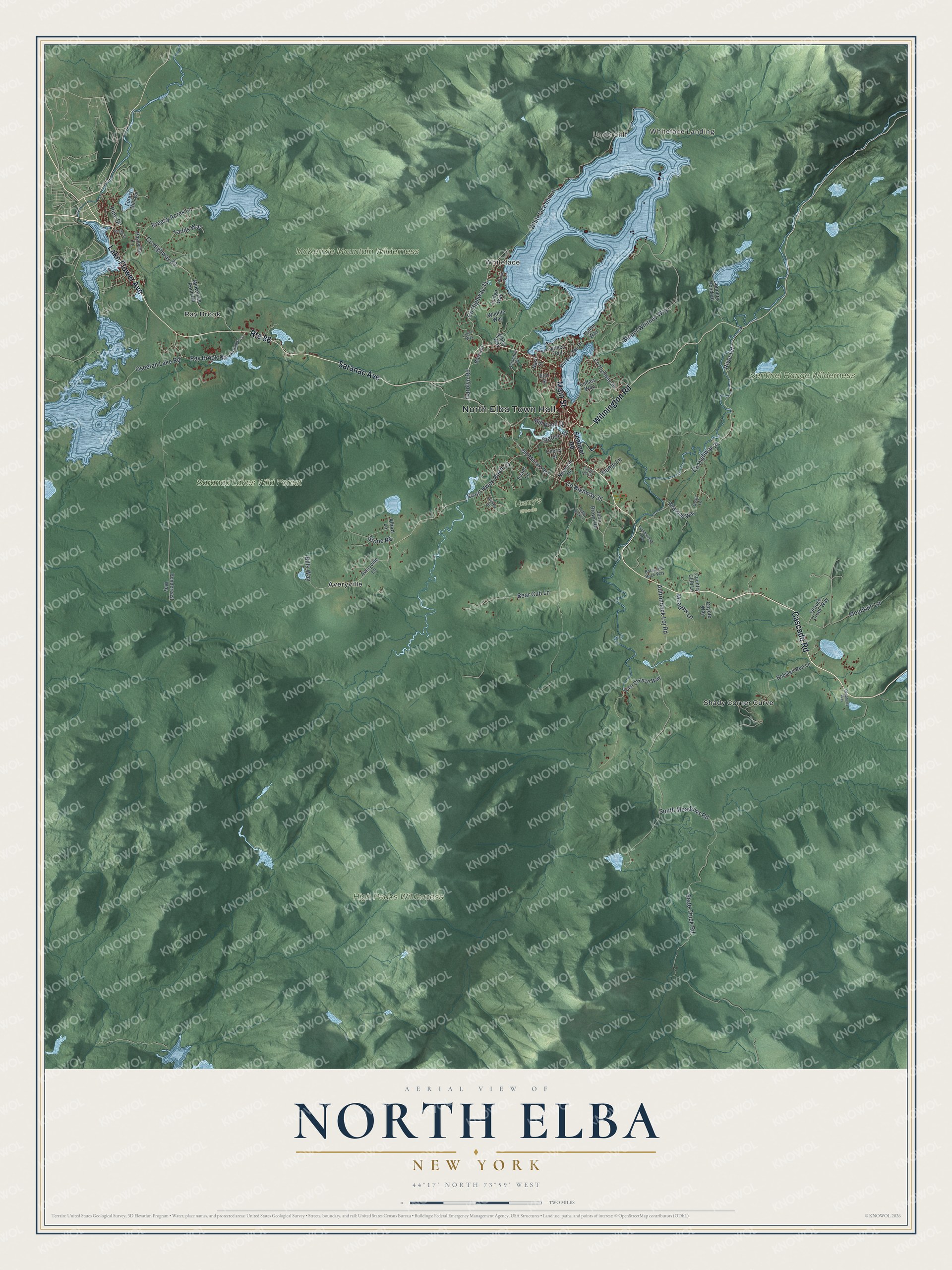 Detailed map of North Elba, New York, showing streets, buildings, neighborhoods, and parks