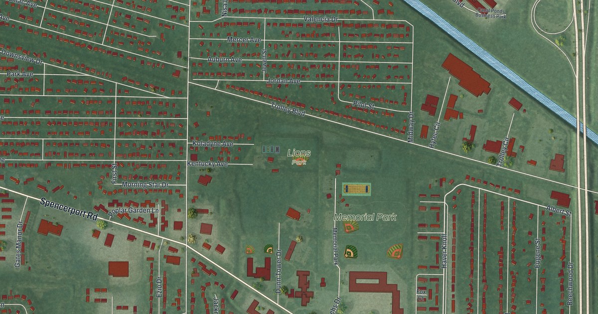 Close-up of streets and buildings in North Gates, New York