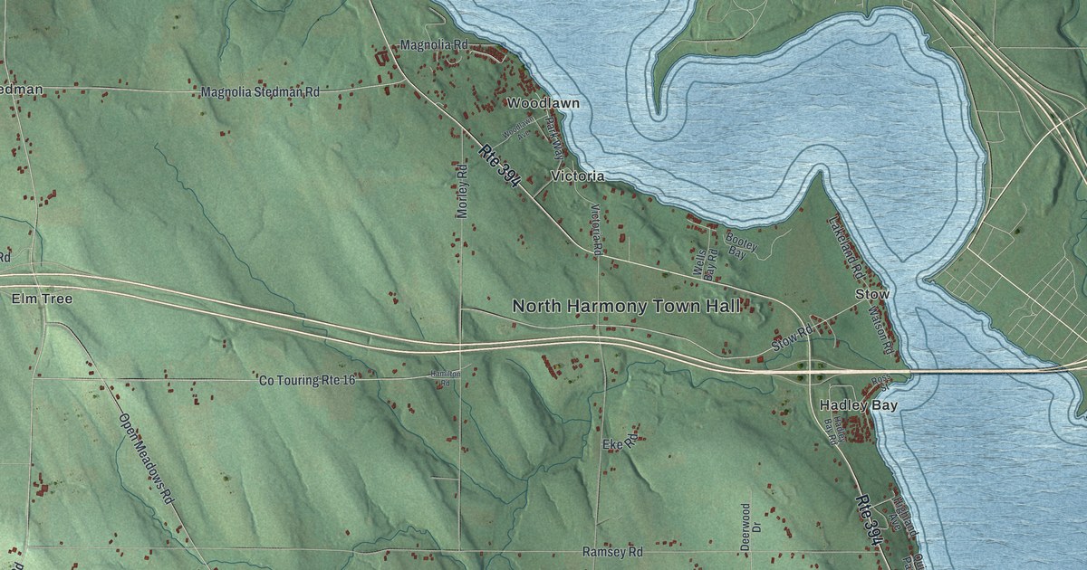 Close-up of streets and buildings in North Harmony, New York
