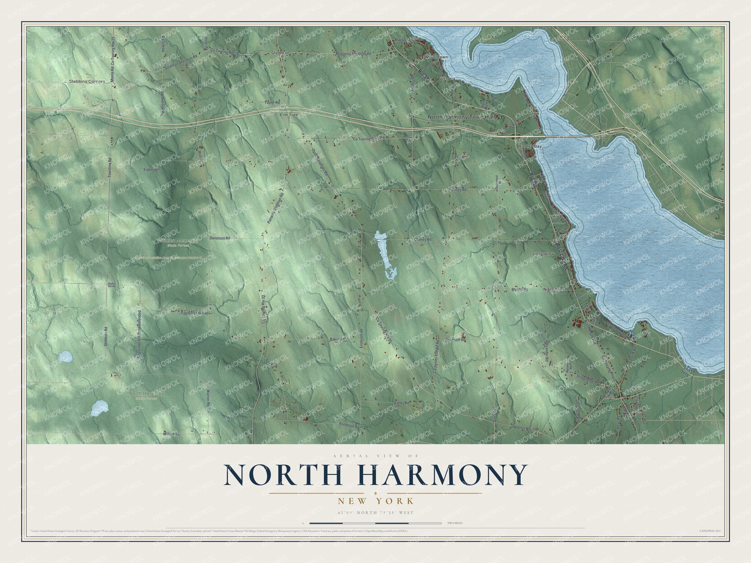 Detailed map of North Harmony, New York, showing streets, buildings, neighborhoods, and parks