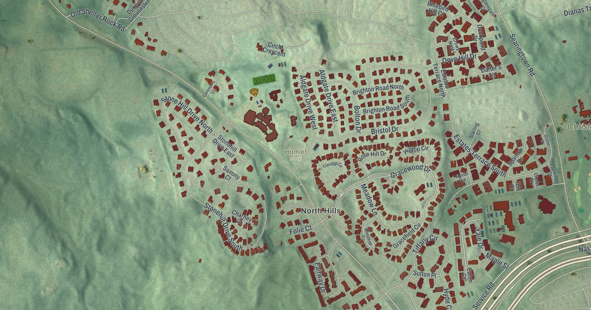 Close-up of streets and buildings in North Hills, New York