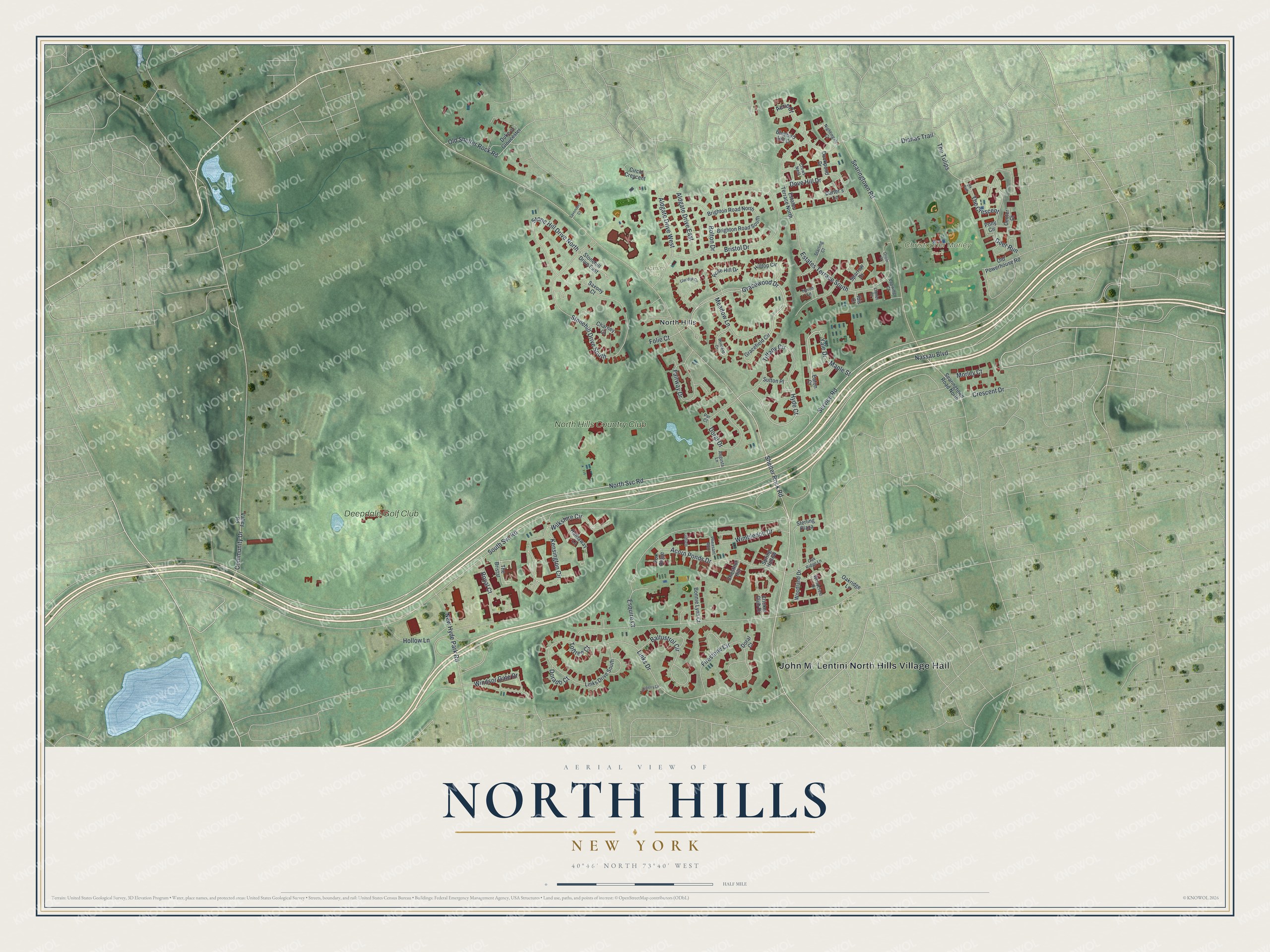 Detailed map of North Hills, New York, showing streets, buildings, and parks
