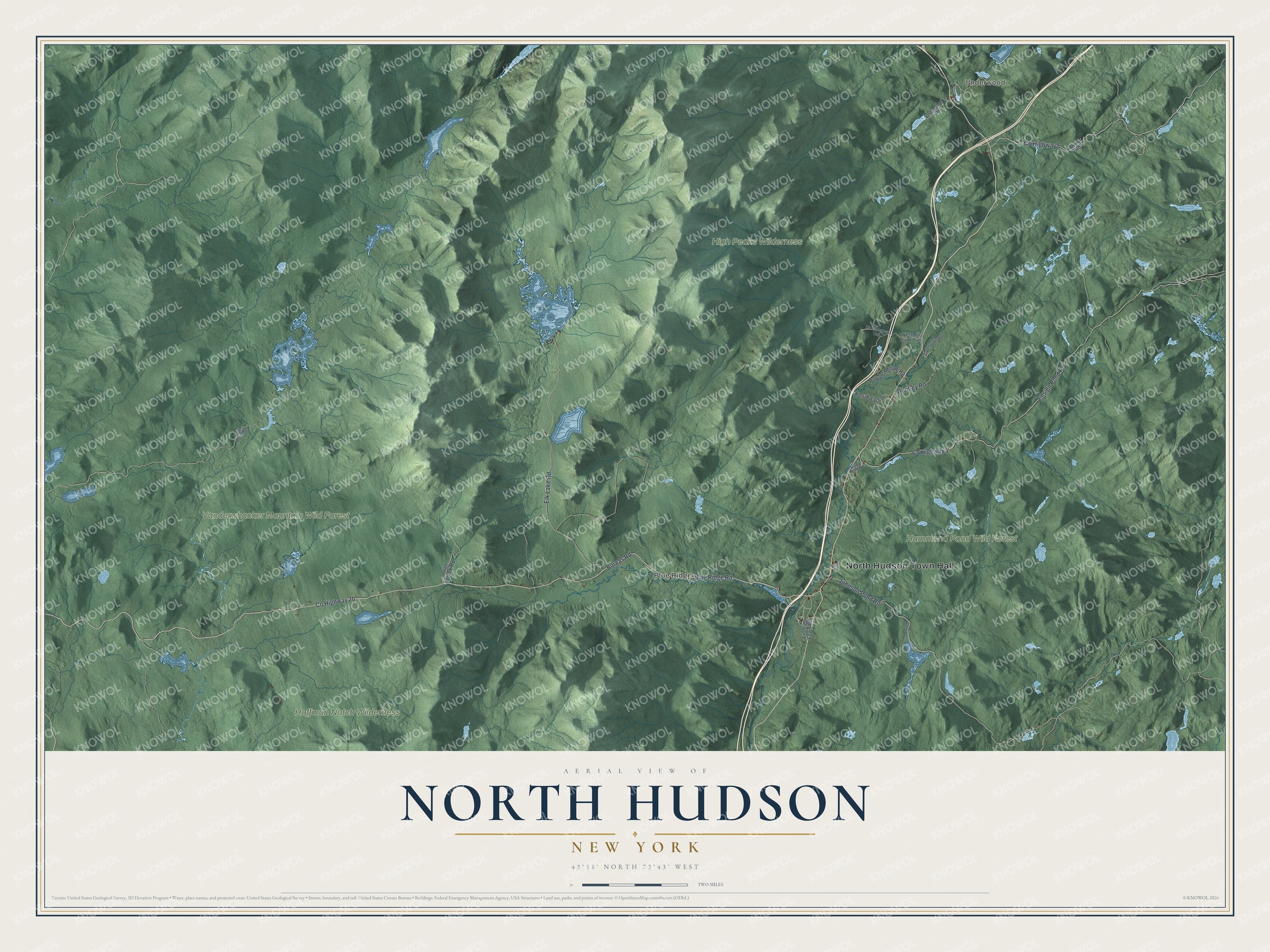 Detailed map of North Hudson, New York, showing streets, buildings, neighborhoods, and parks