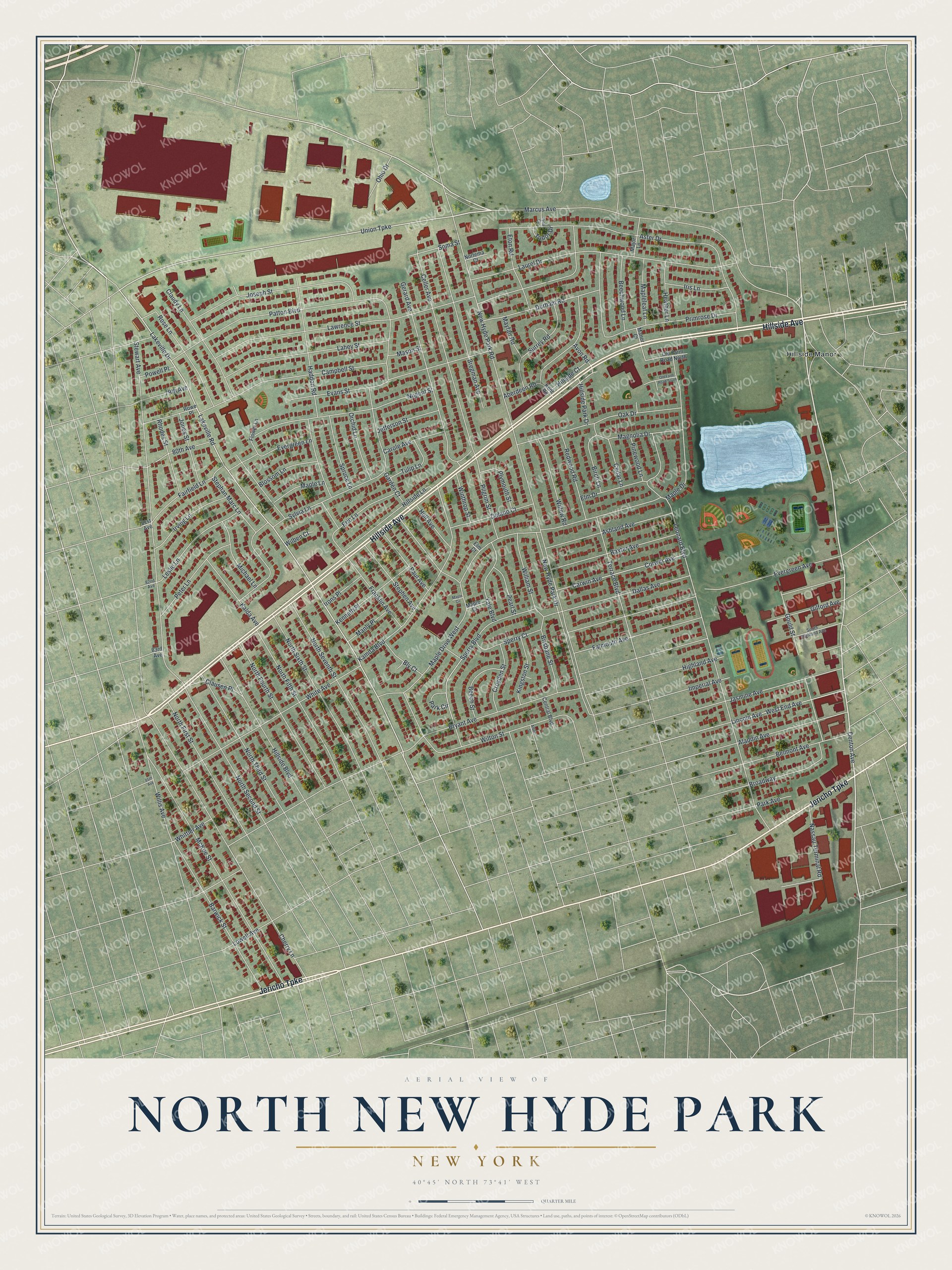 Detailed map of North New Hyde Park, New York, showing streets and buildings