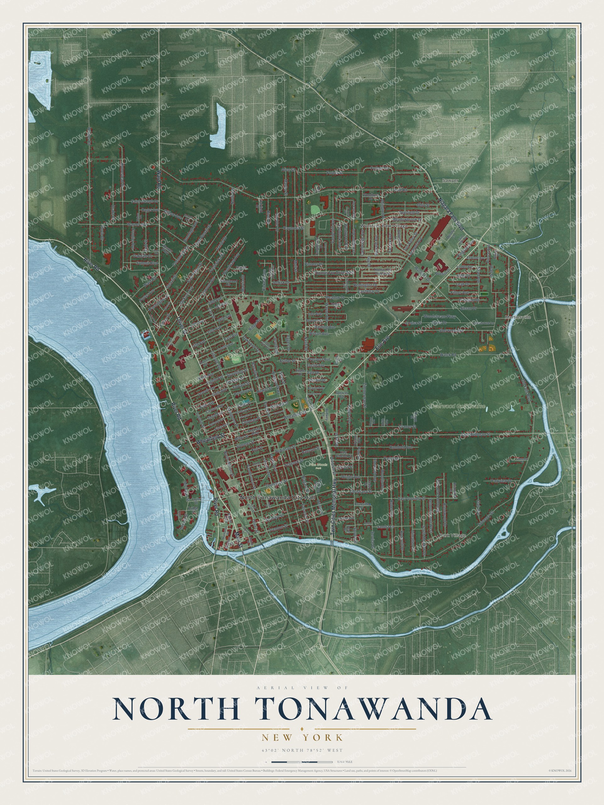Detailed map of North Tonawanda, New York, showing streets, buildings, neighborhoods, and parks