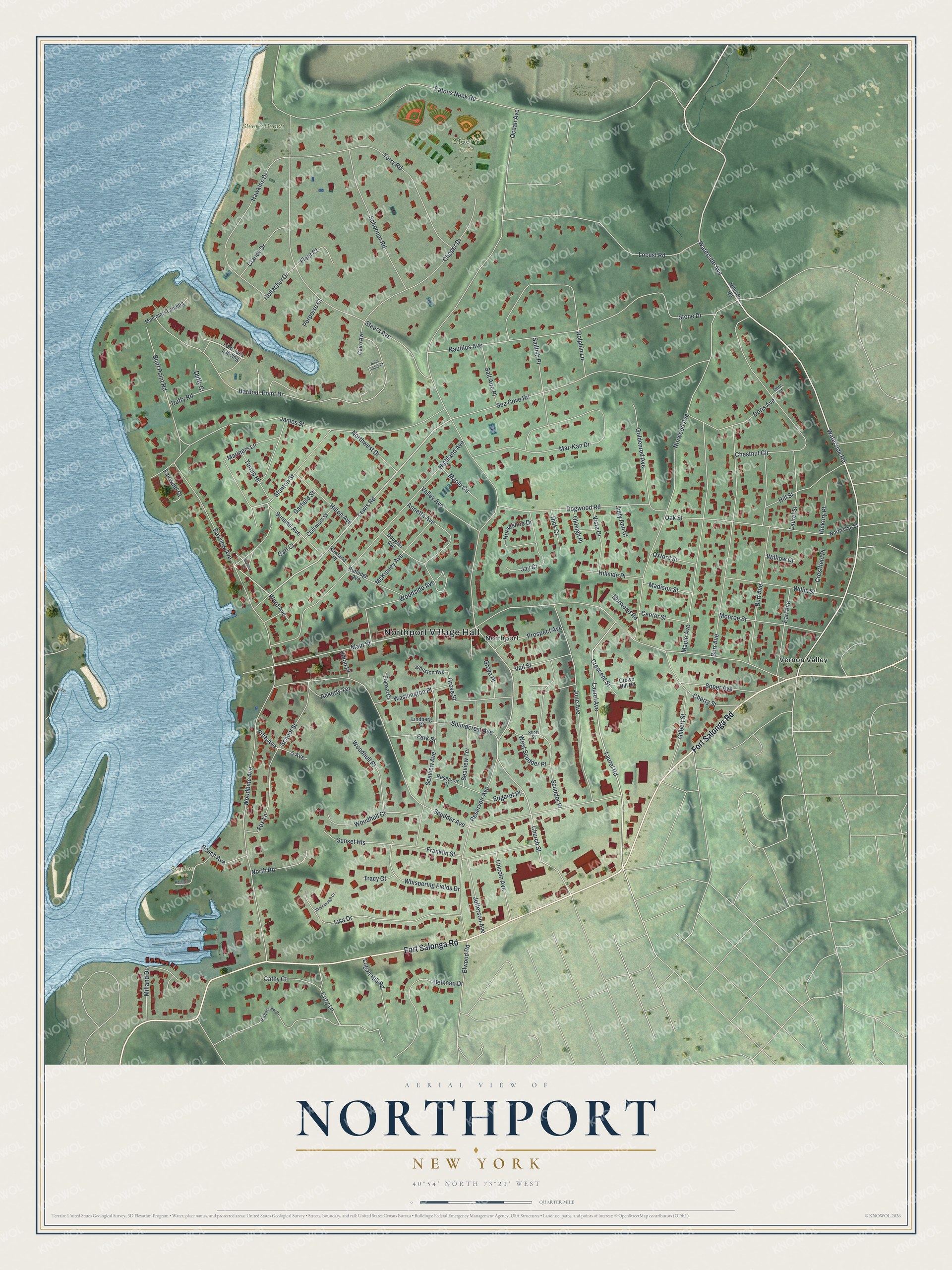 Detailed map of Northport, New York, showing streets, buildings, and parks