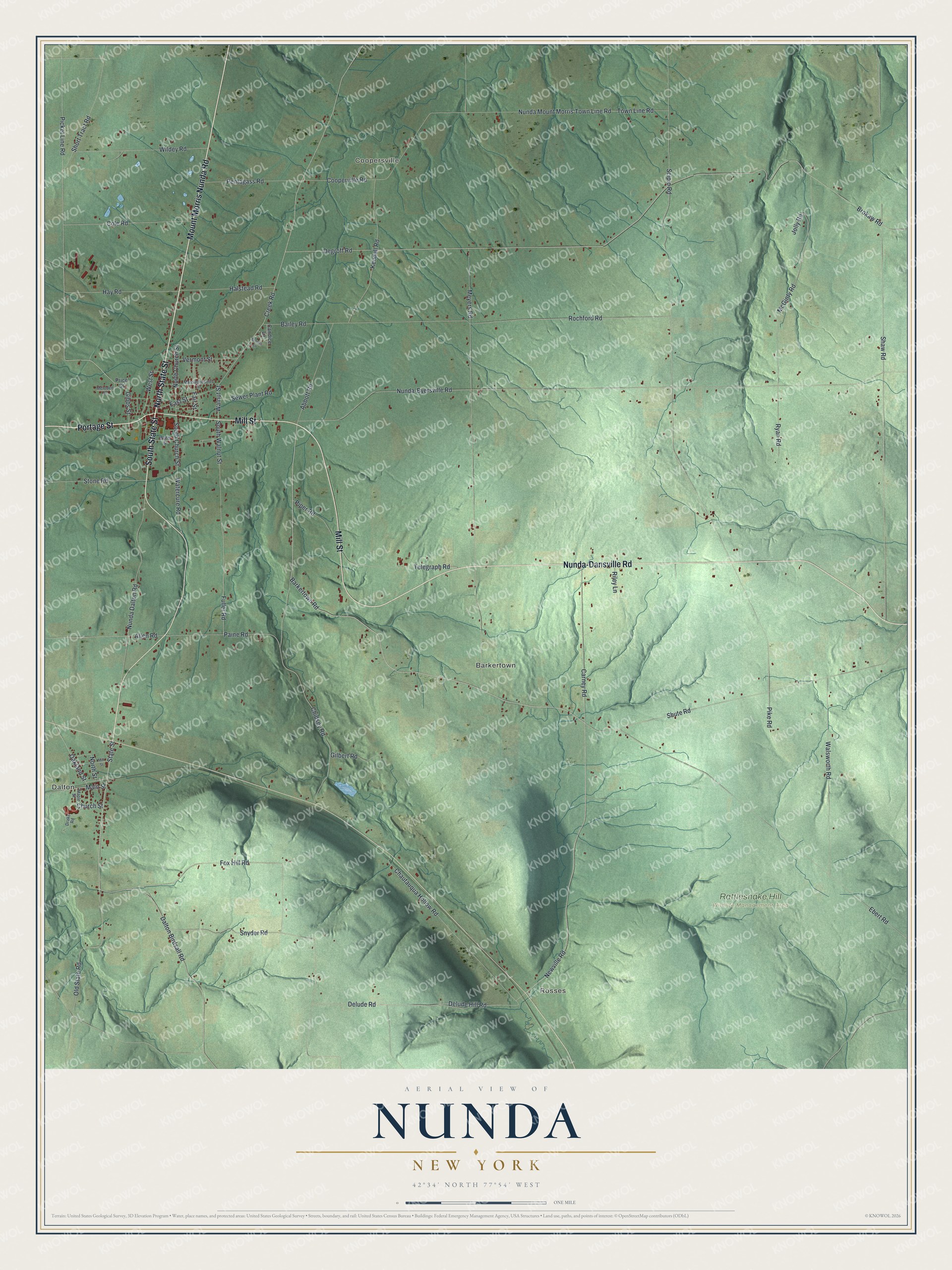 Detailed map of Nunda, New York, showing streets, buildings, neighborhoods, and parks