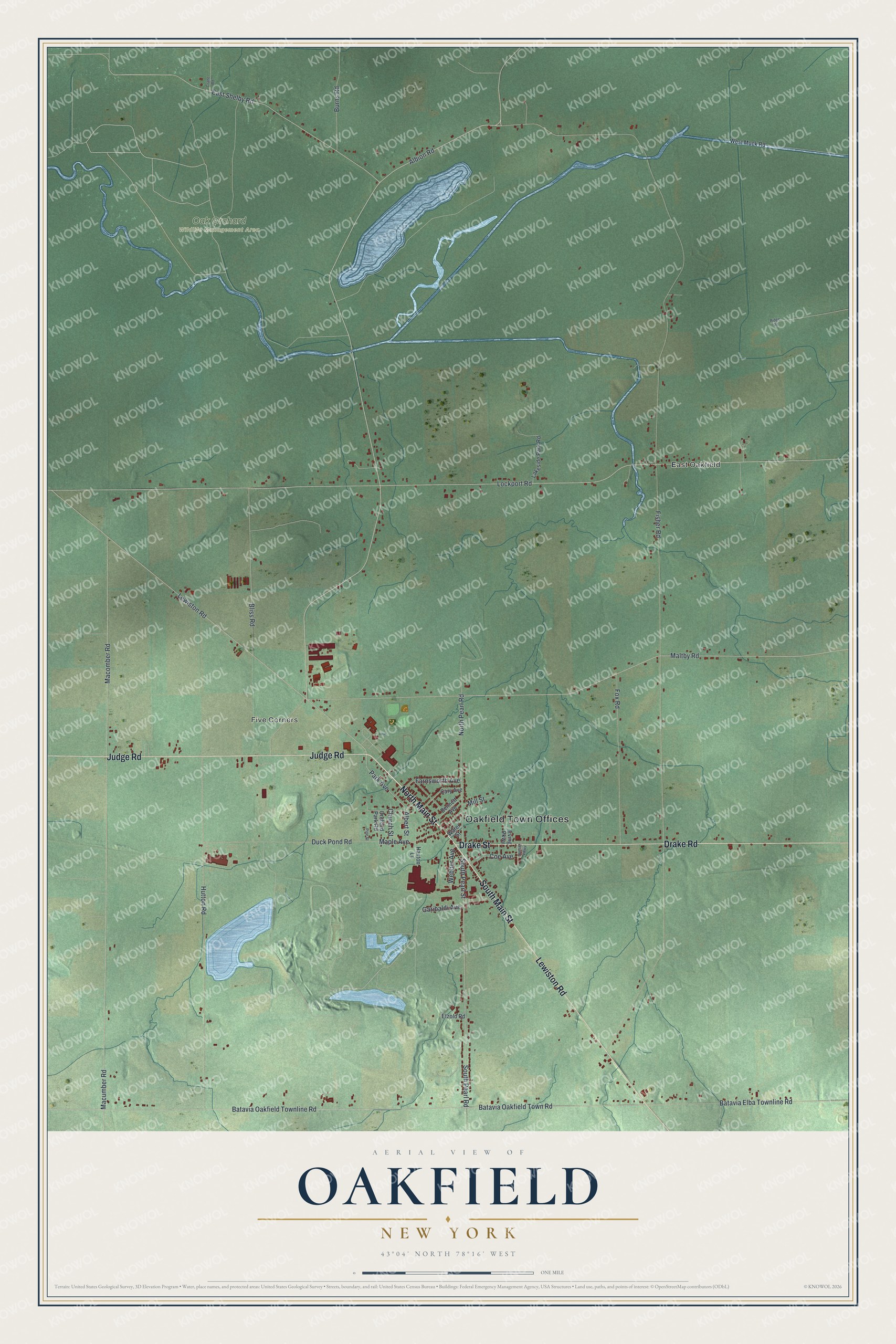 Detailed map of Oakfield, New York, showing streets, buildings, neighborhoods, and parks