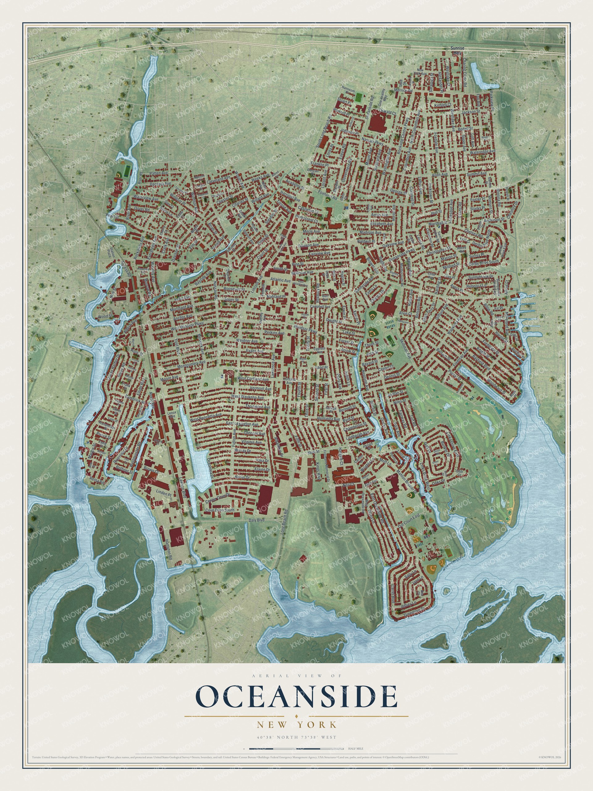 Detailed map of Oceanside, New York, showing streets and buildings