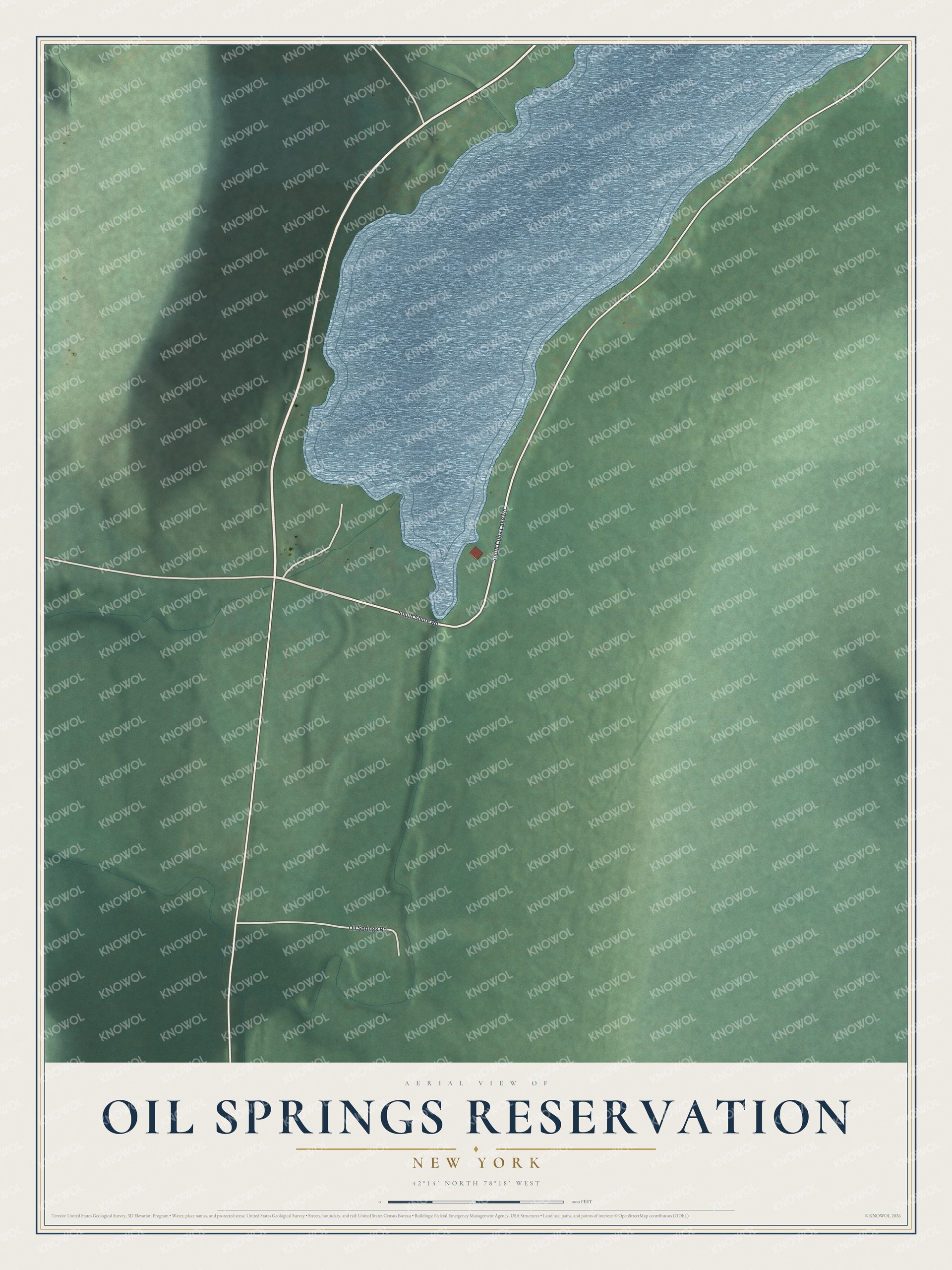 Detailed map of Oil Springs Reservation, New York, showing streets and buildings