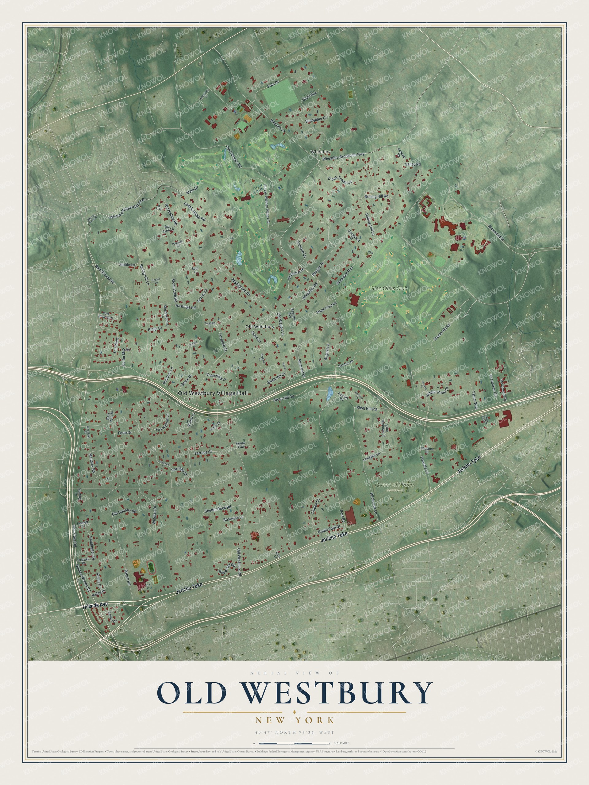 Detailed map of Old Westbury, New York, showing streets, buildings, and parks