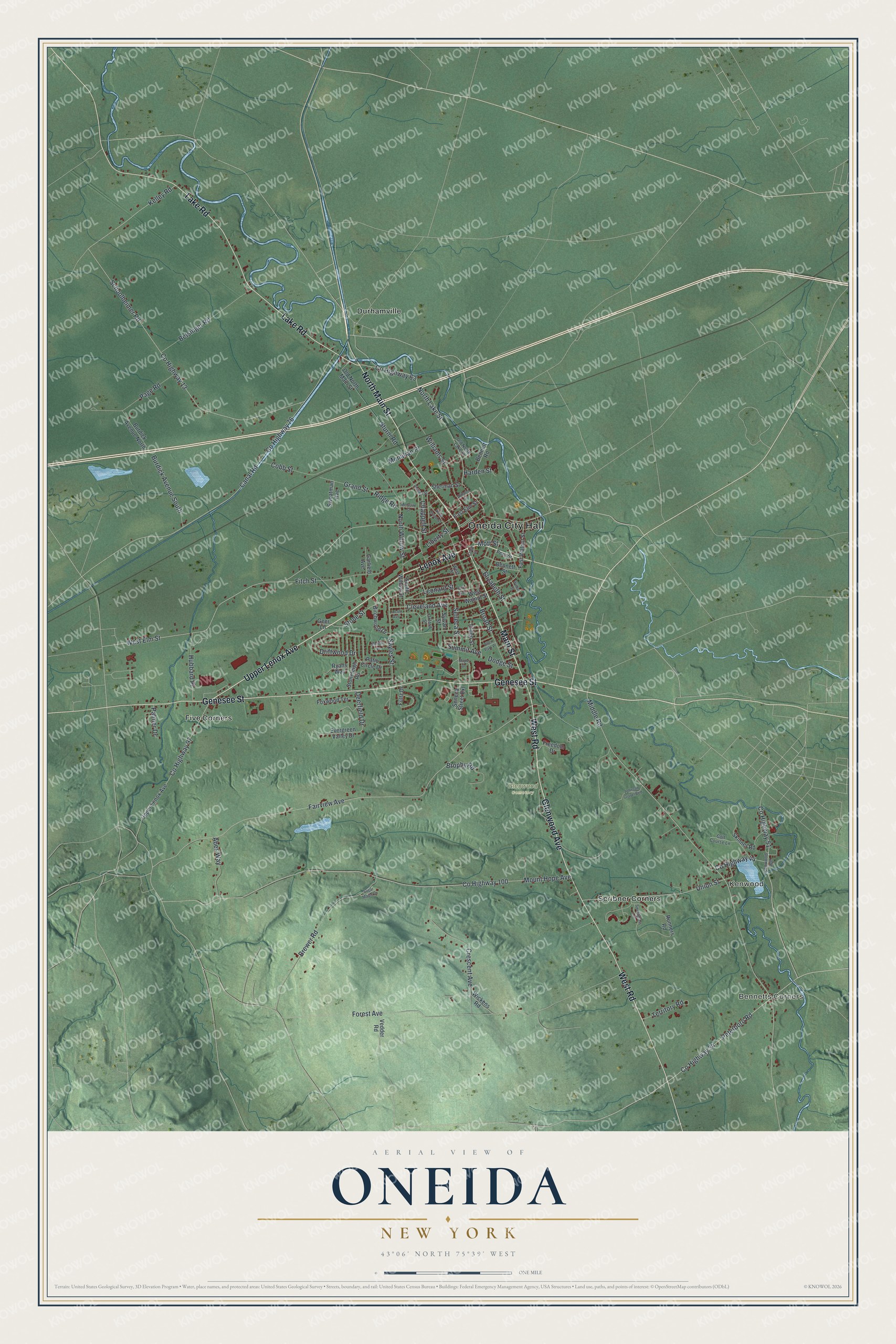 Detailed map of Oneida, New York, showing streets, buildings, neighborhoods, and parks