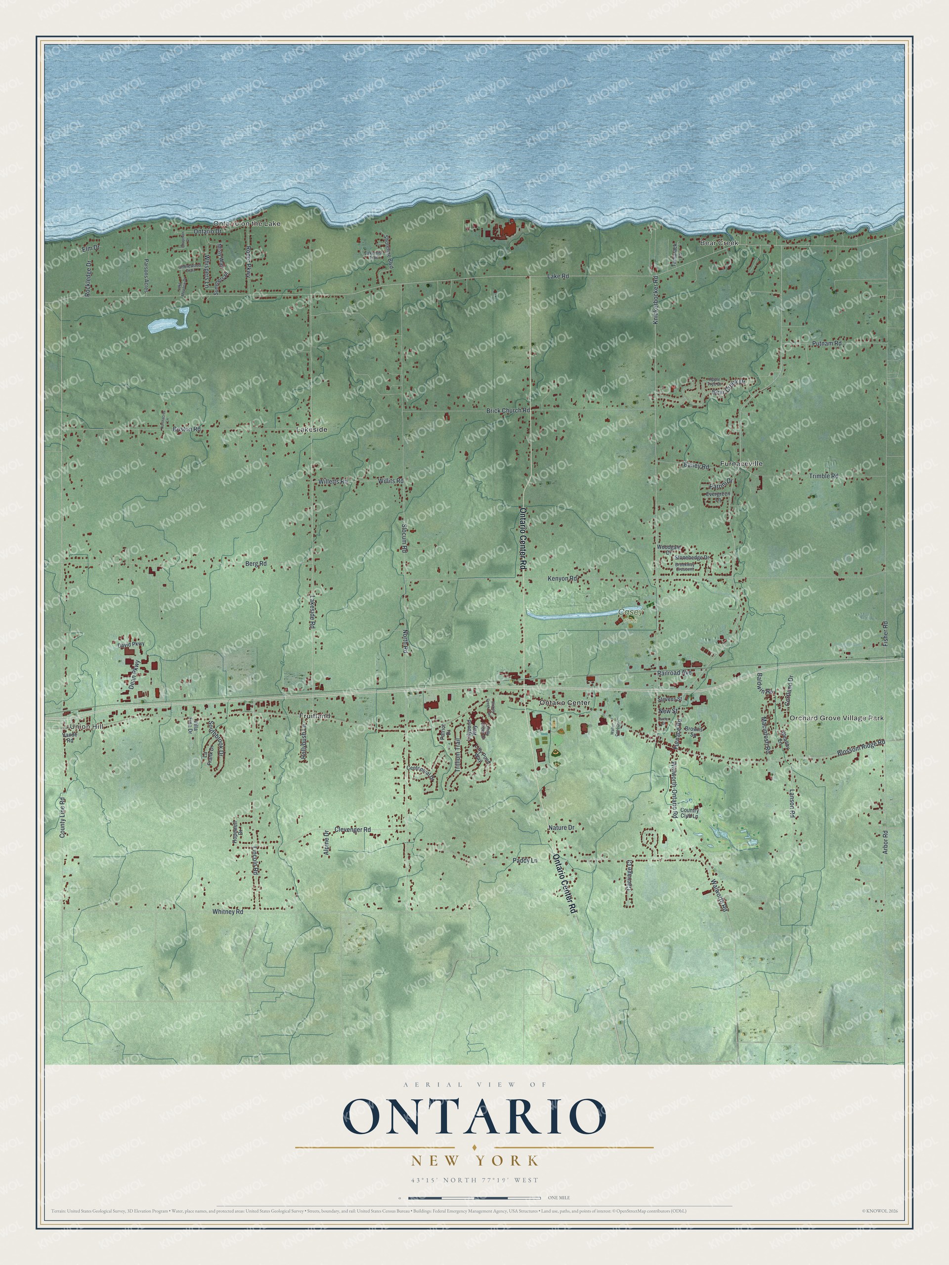 Detailed map of Ontario, New York, showing streets, buildings, neighborhoods, and parks