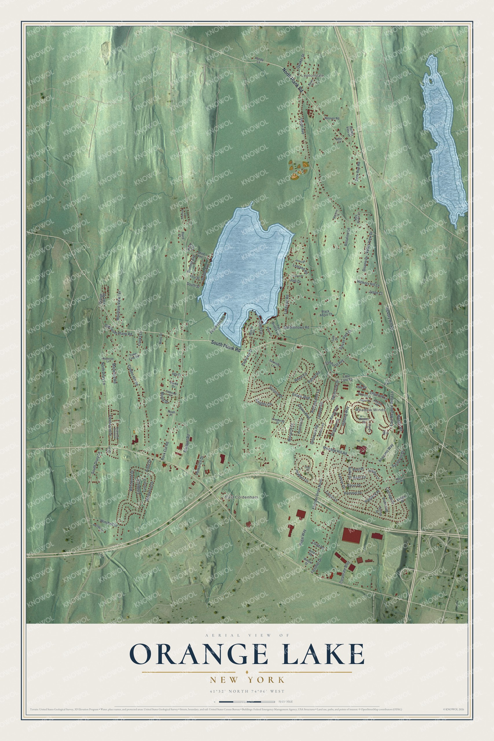Detailed map of Orange Lake, New York, showing streets, buildings, and neighborhoods