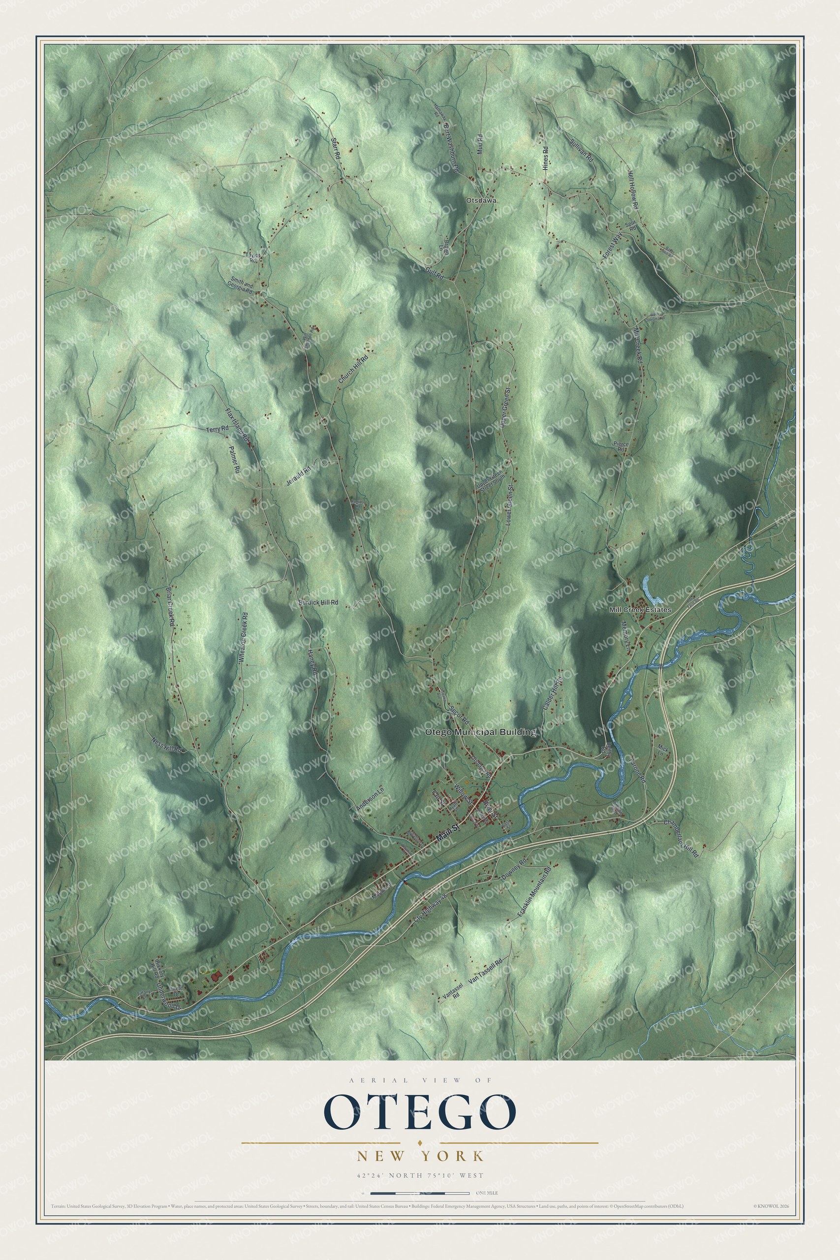Detailed map of Otego, New York, showing streets and buildings