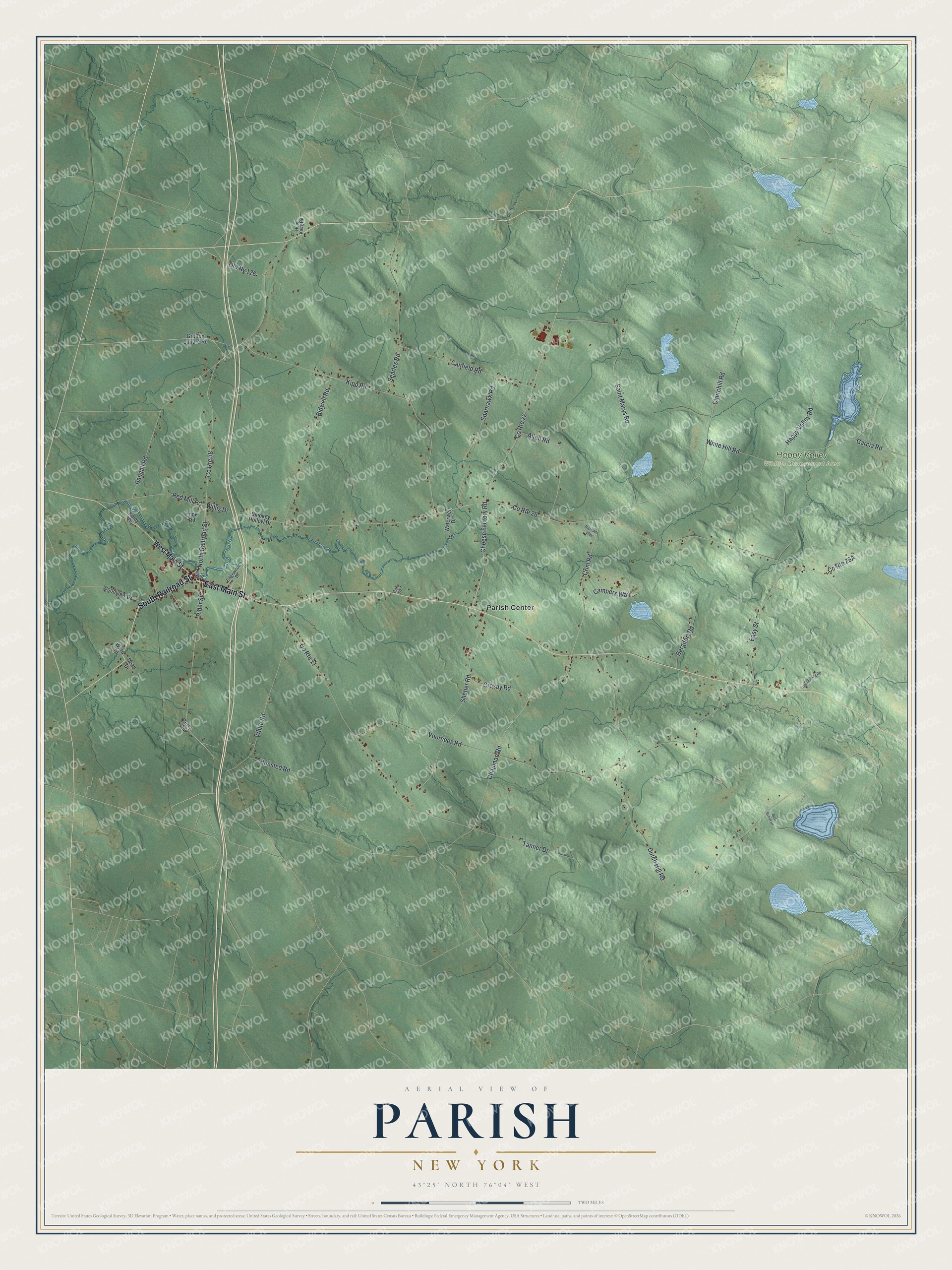 Detailed map of Parish, New York, showing streets, buildings, and parks