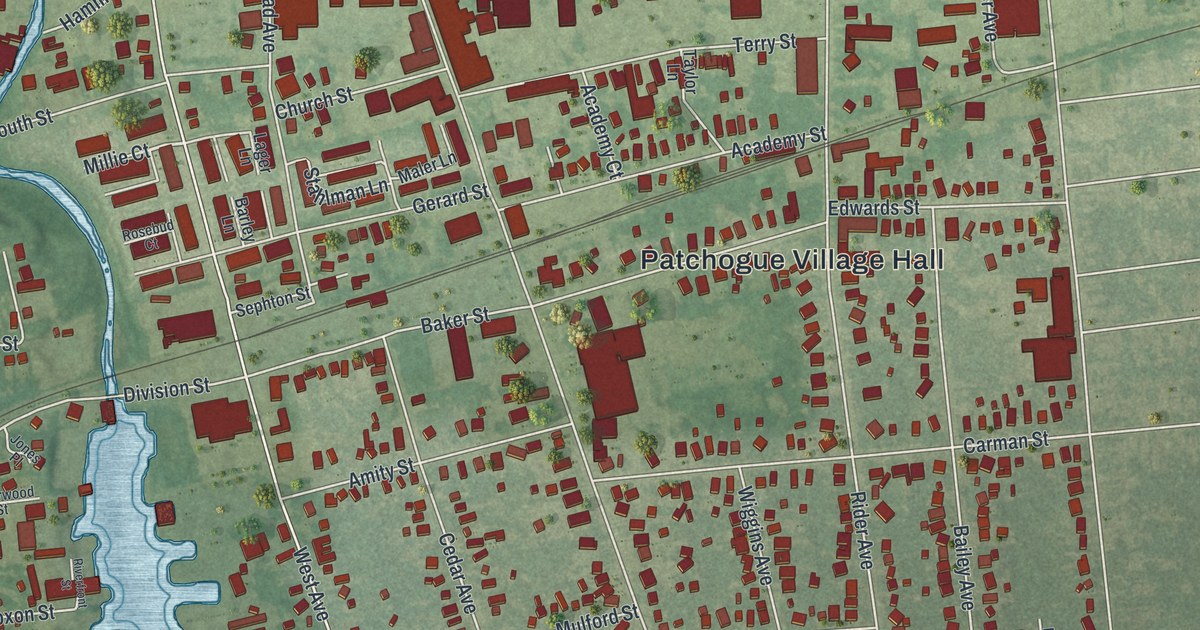 Close-up of streets and buildings in Patchogue, New York
