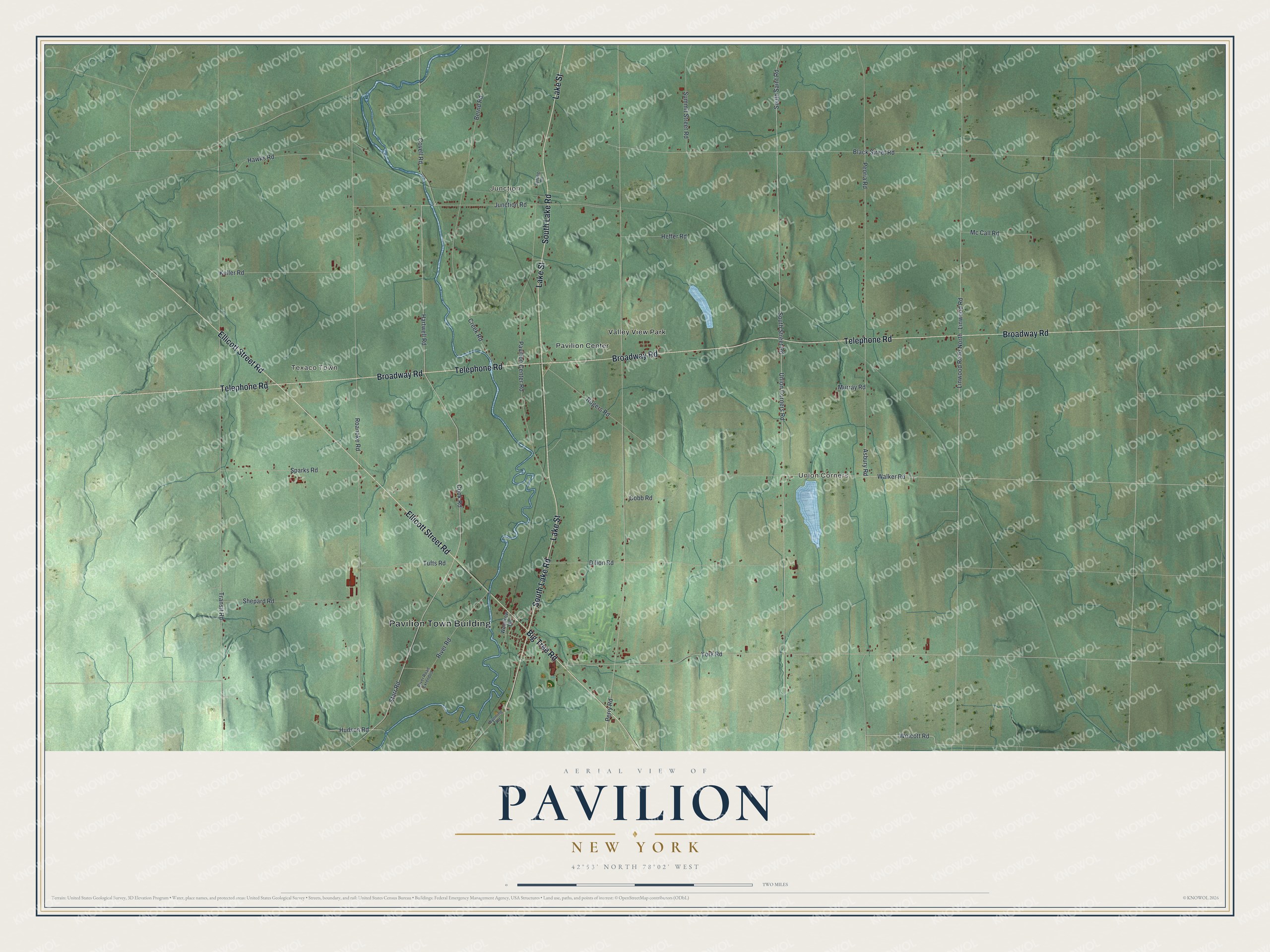 Detailed map of Pavilion, New York, showing streets, buildings, and neighborhoods