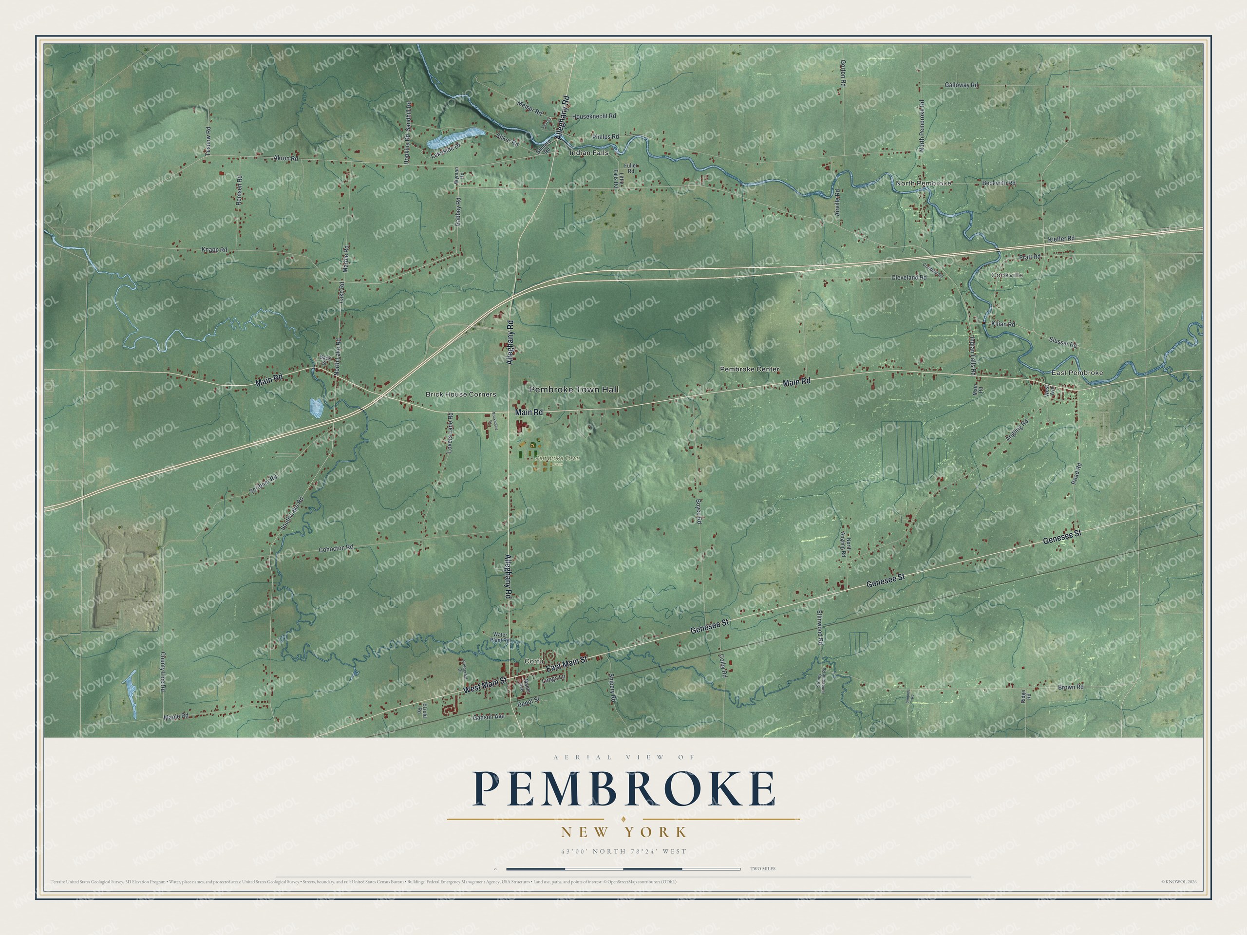 Detailed map of Pembroke, New York, showing streets, buildings, neighborhoods, and parks