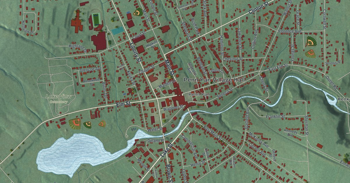 Close-up of streets and buildings in Penn Yan, New York