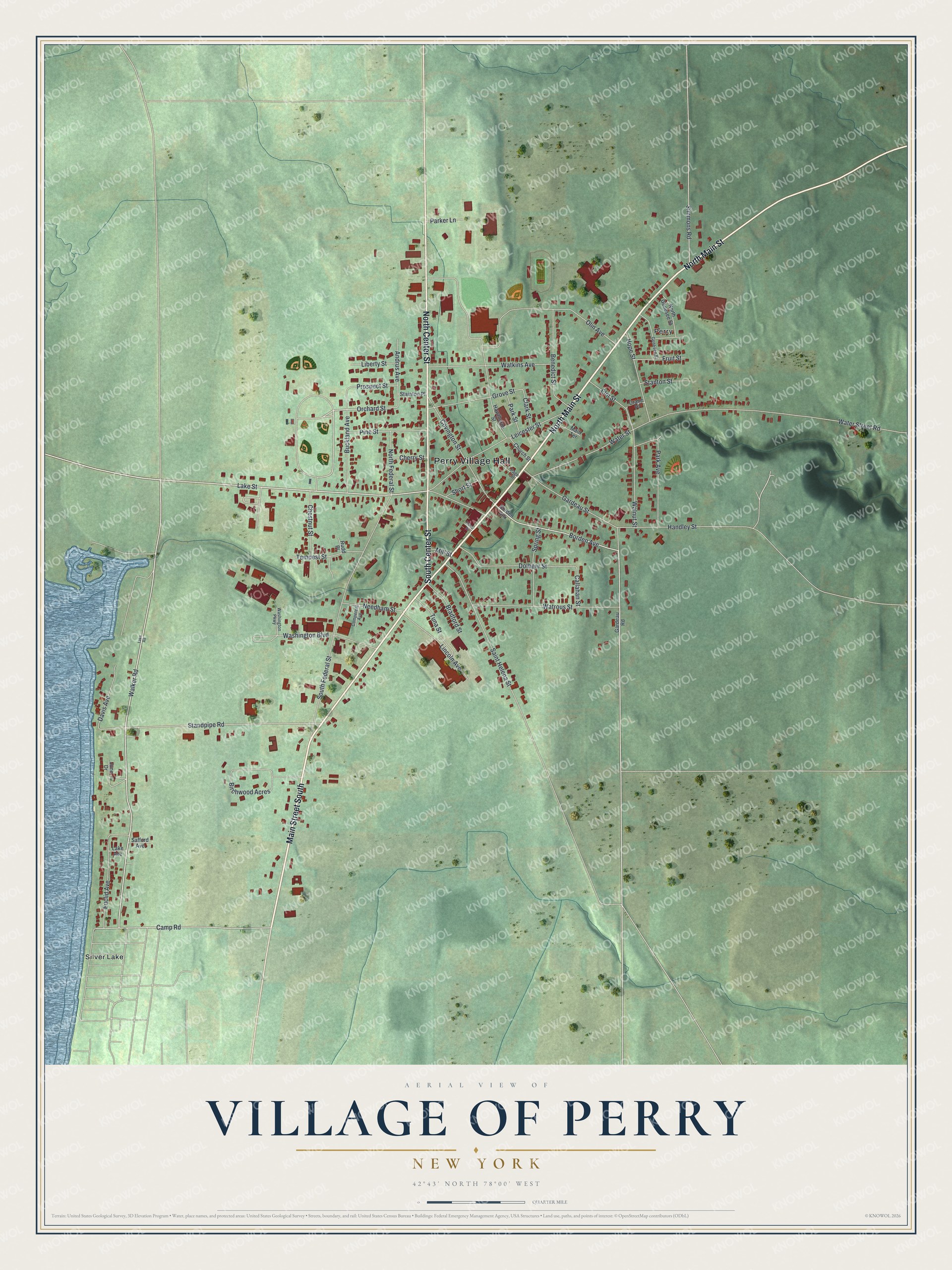 Detailed map of the Village of Perry, New York, showing streets and buildings