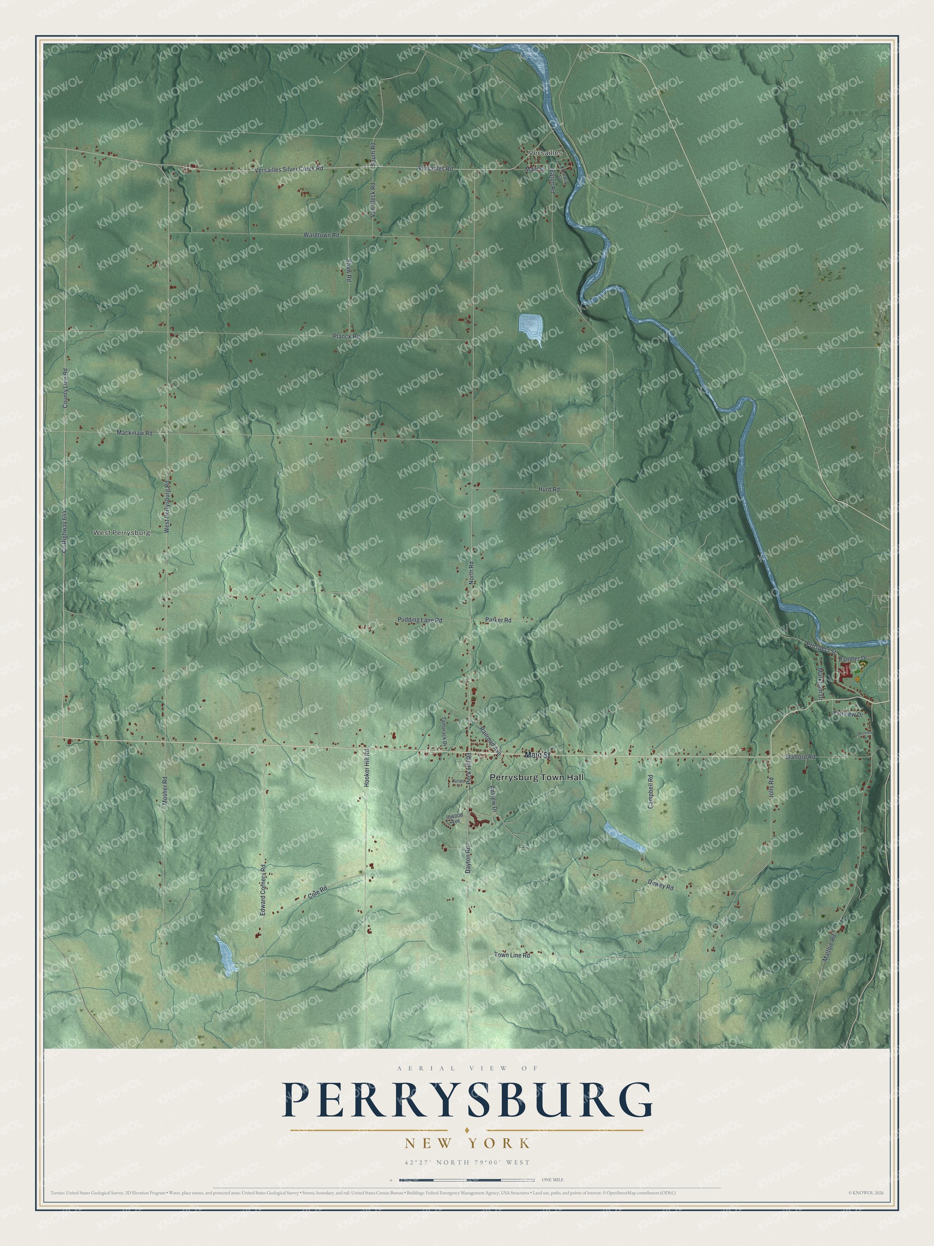 Detailed map of Perrysburg, New York, showing streets, buildings, and neighborhoods