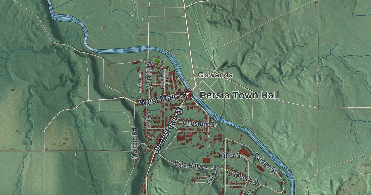 Close-up of streets and buildings in Persia, New York