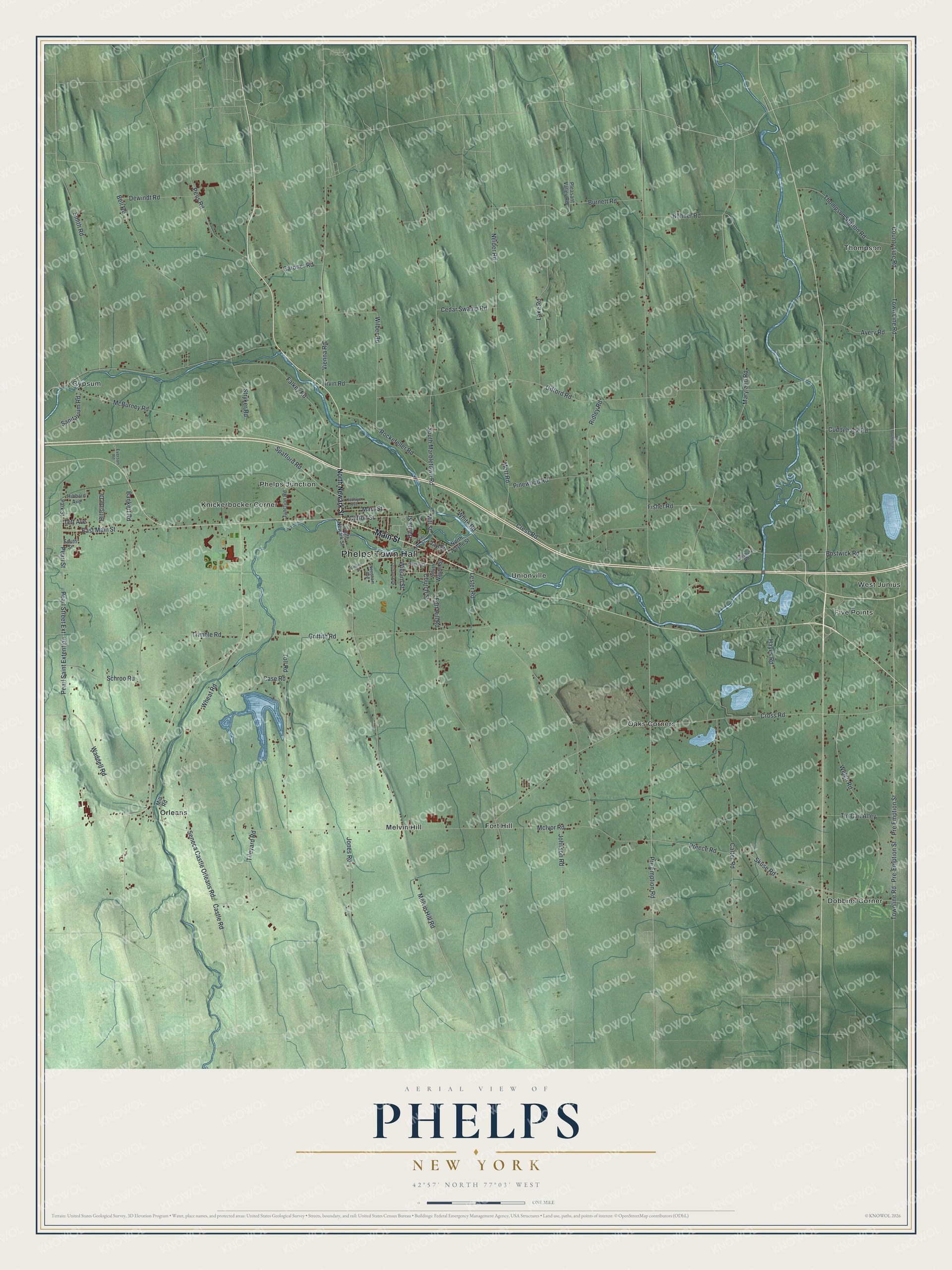 Detailed map of Phelps, New York, showing streets, buildings, and neighborhoods