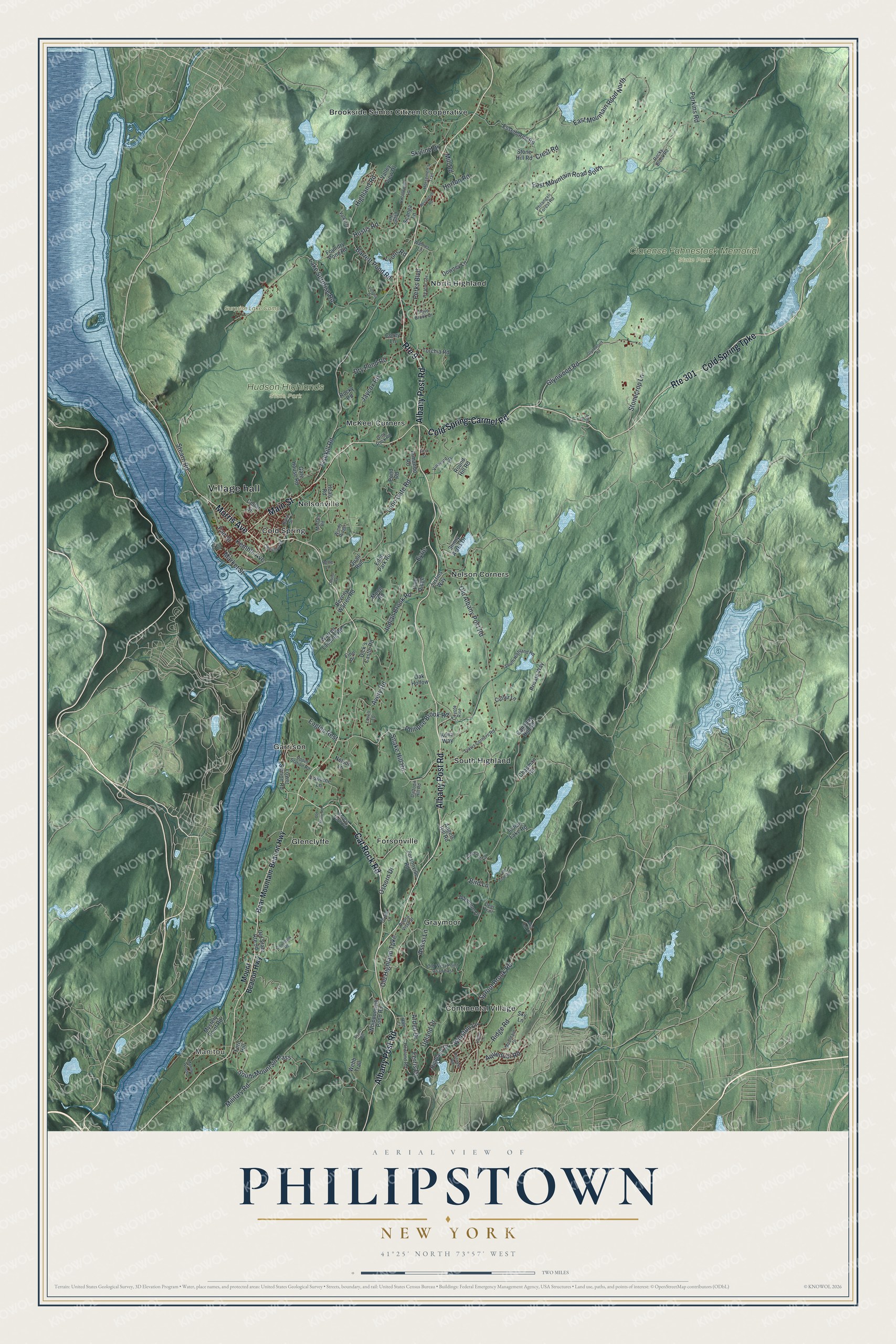Detailed map of Philipstown, New York, showing streets, buildings, neighborhoods, and parks