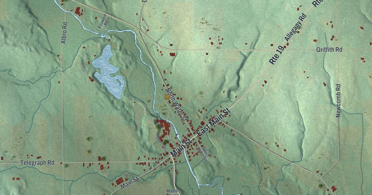 Close-up of streets and buildings in Pike, New York