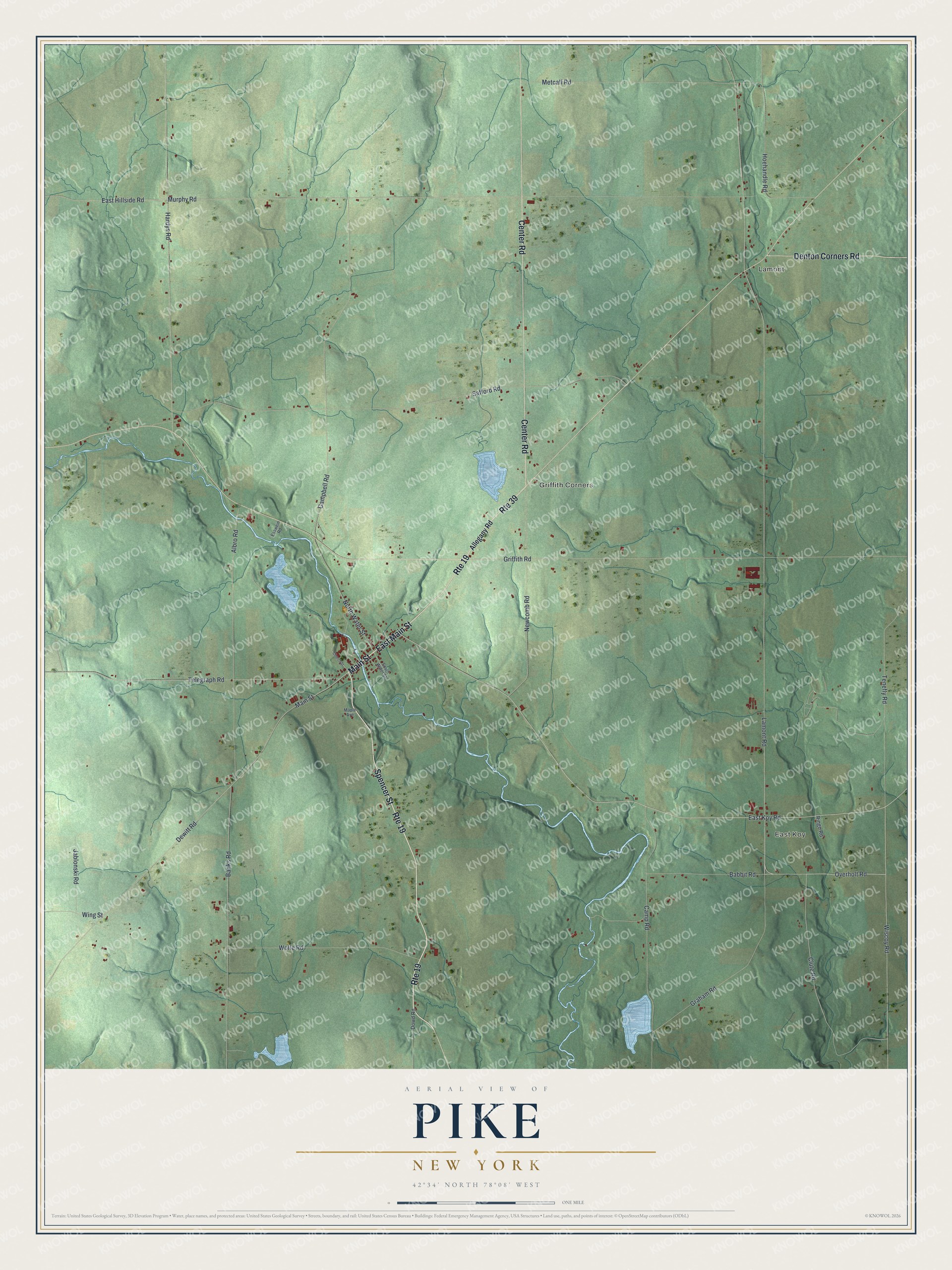 Detailed map of Pike, New York, showing streets, buildings, and neighborhoods
