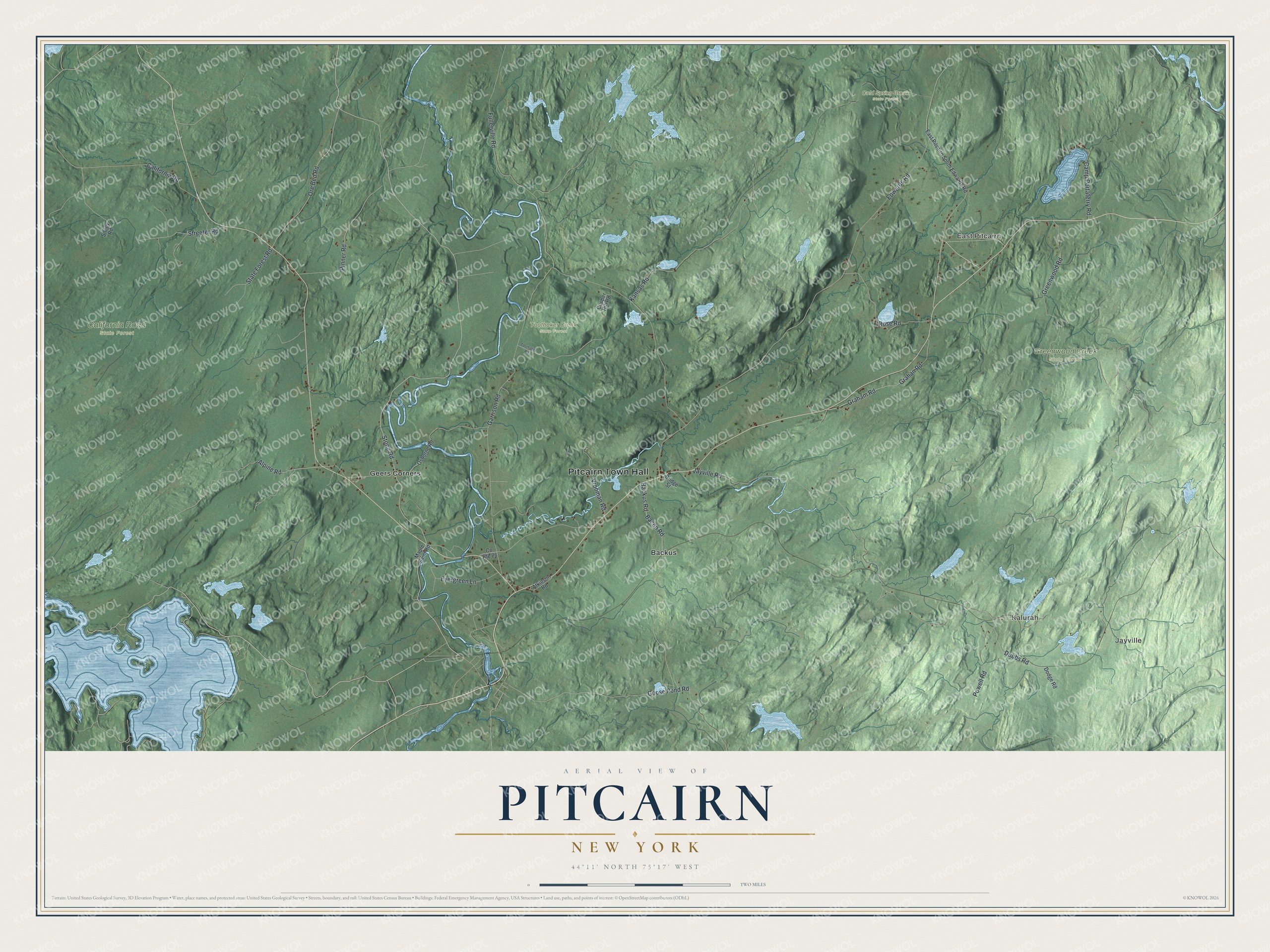 Detailed map of Pitcairn, New York, showing streets, buildings, neighborhoods, and parks