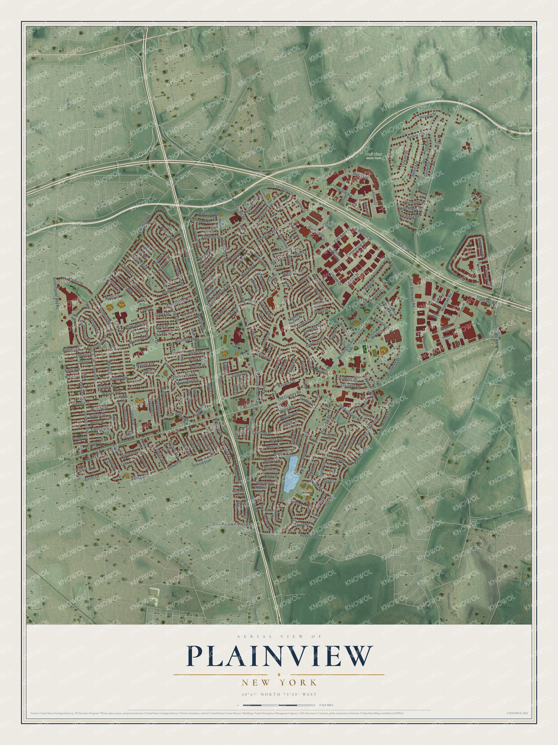 Detailed map of Plainview, New York, showing streets, buildings, and parks