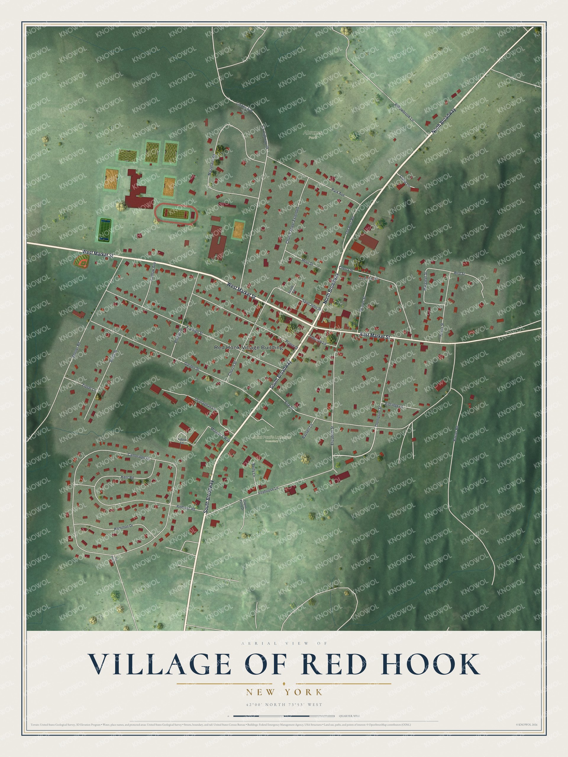 Detailed map of the Village of Red Hook, New York, showing streets, buildings, and parks