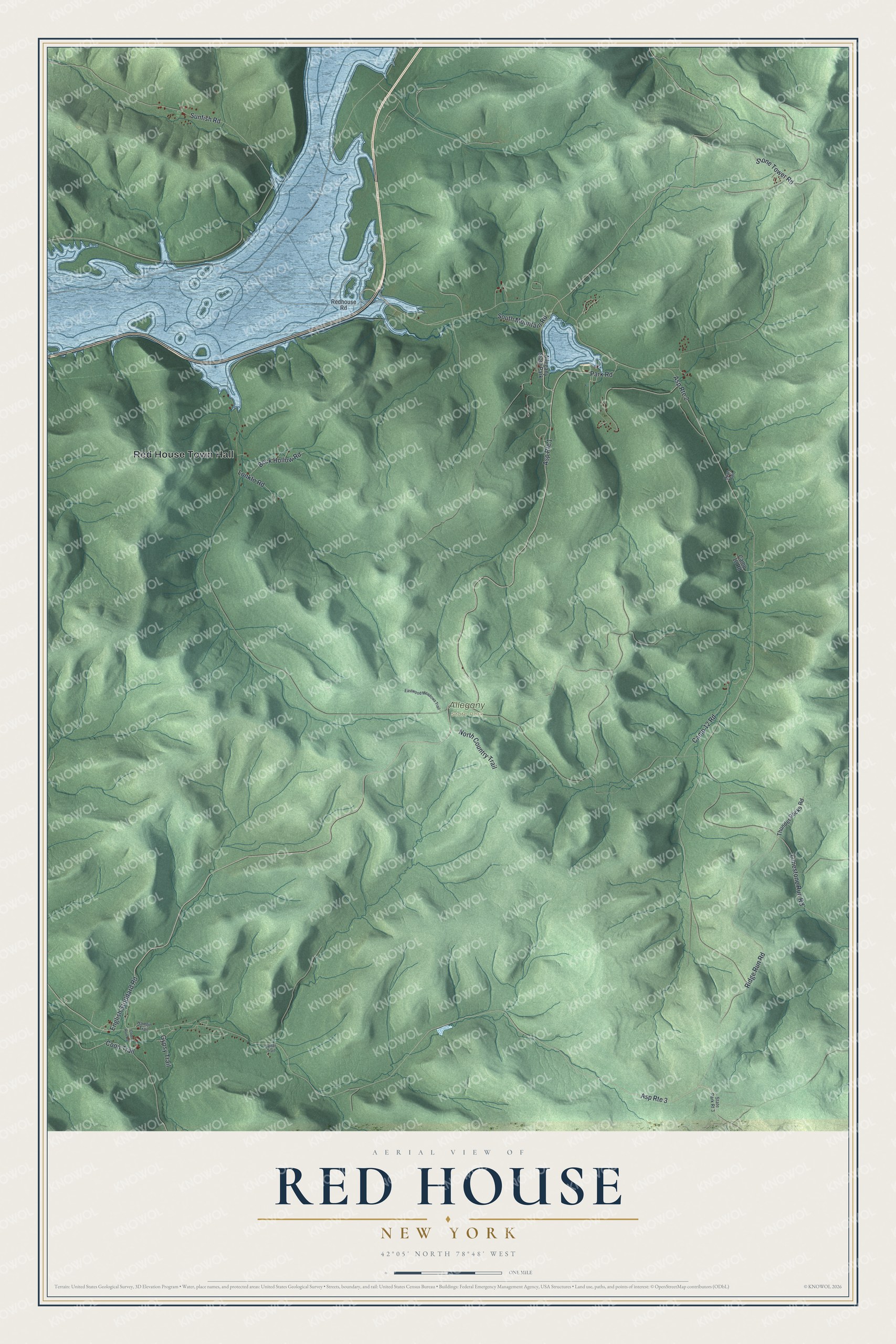 Detailed map of Red House, New York, showing streets, buildings, and parks