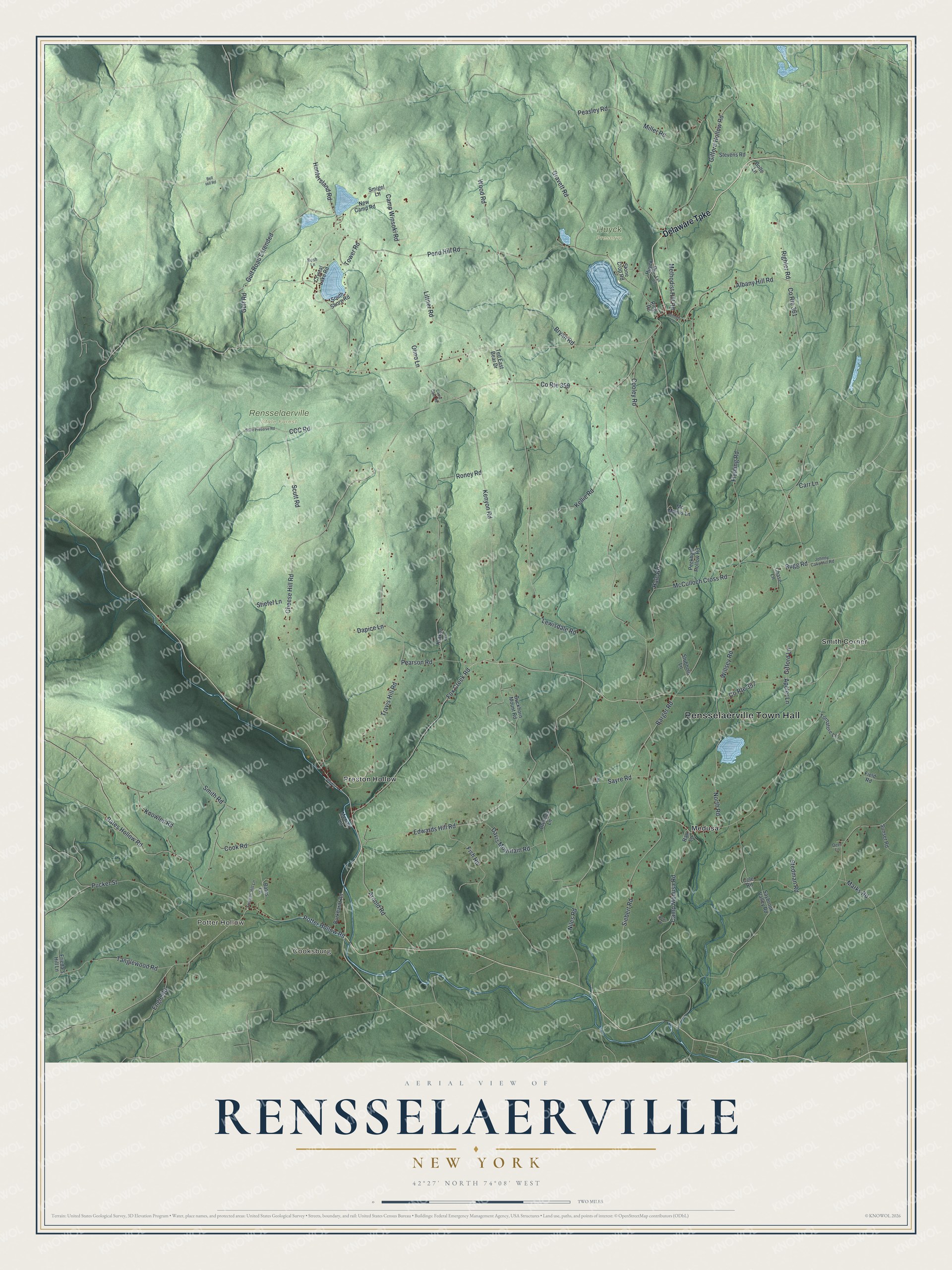 Detailed map of Rensselaerville, New York, showing streets, buildings, neighborhoods, and parks