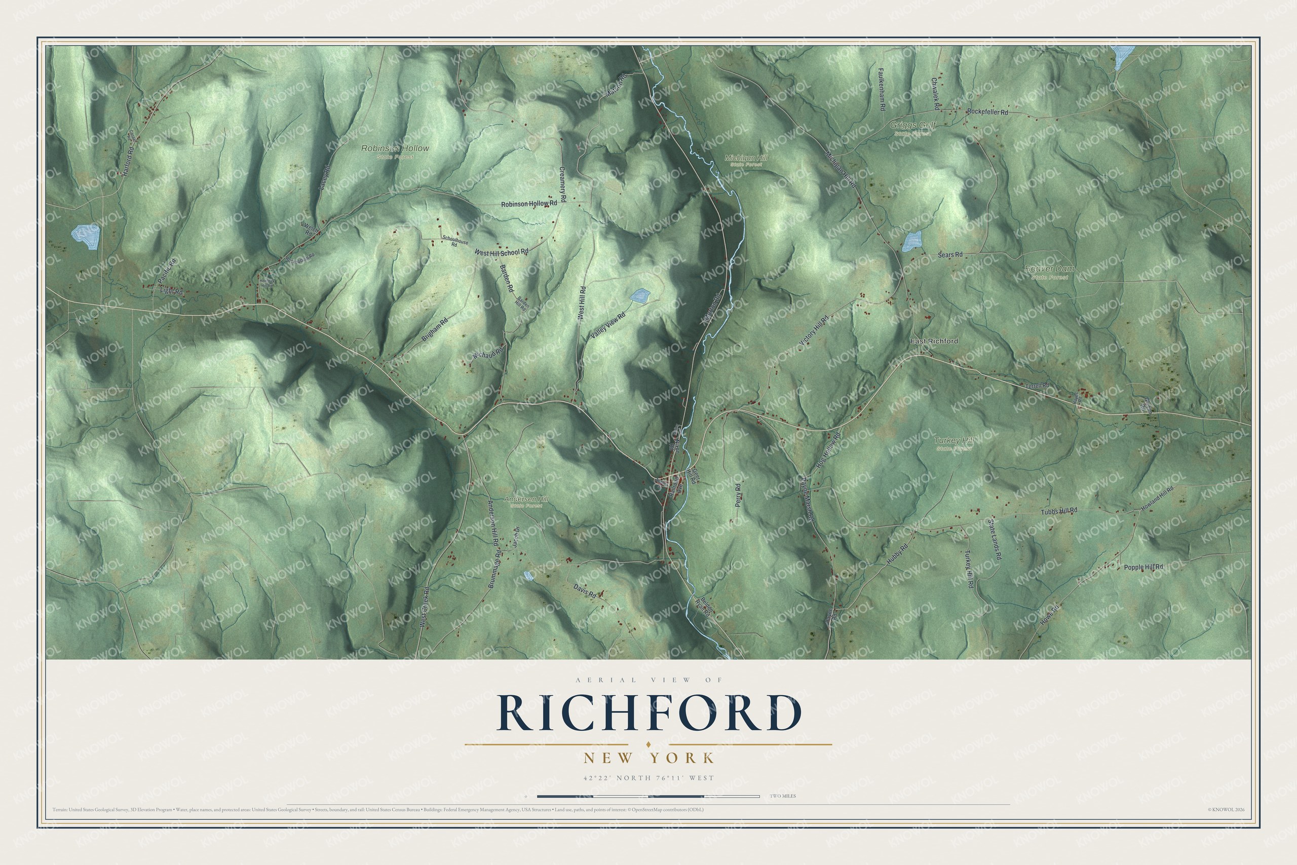 Detailed map of Richford, New York, showing streets, buildings, and parks