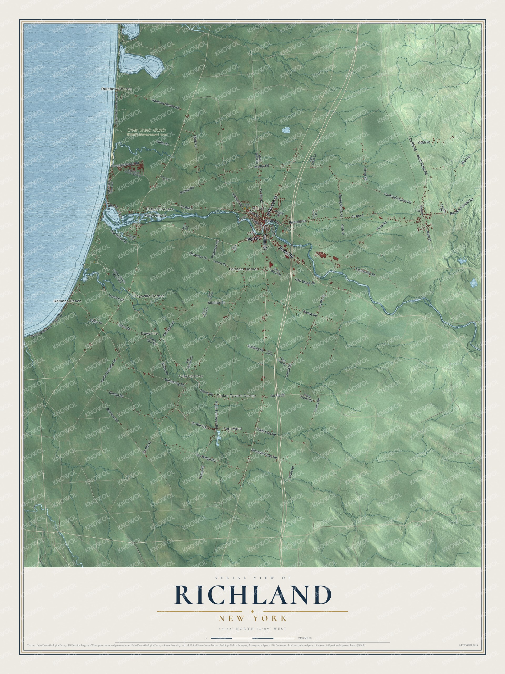 Detailed map of Richland, New York, showing streets, buildings, neighborhoods, and parks