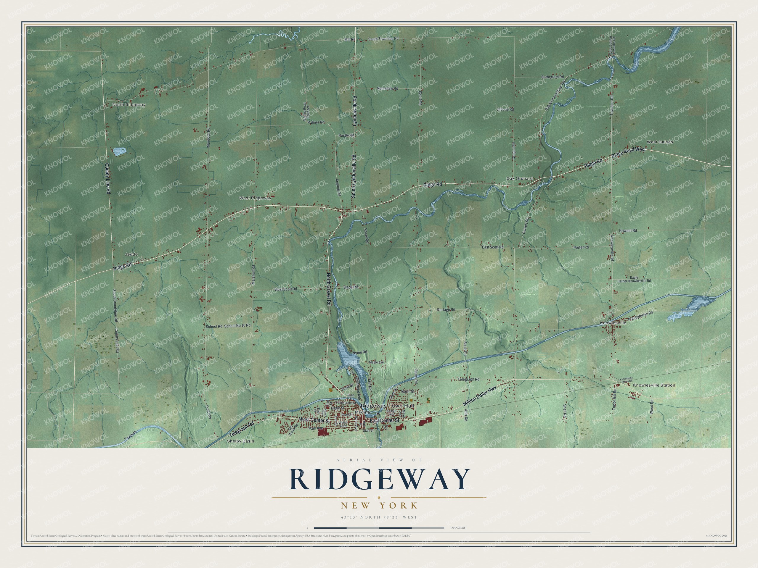 Detailed map of Ridgeway, New York, showing streets, buildings, and neighborhoods